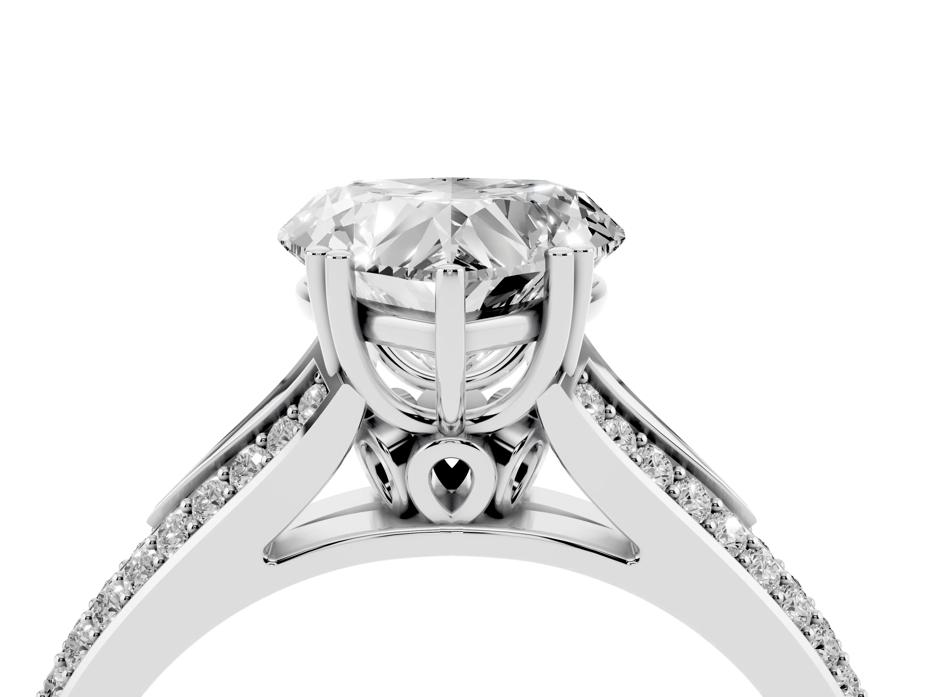 Heart Cut Diamond Split Shank Pavé Engagement Ring Set in White gold with Prong-Set Center Stone