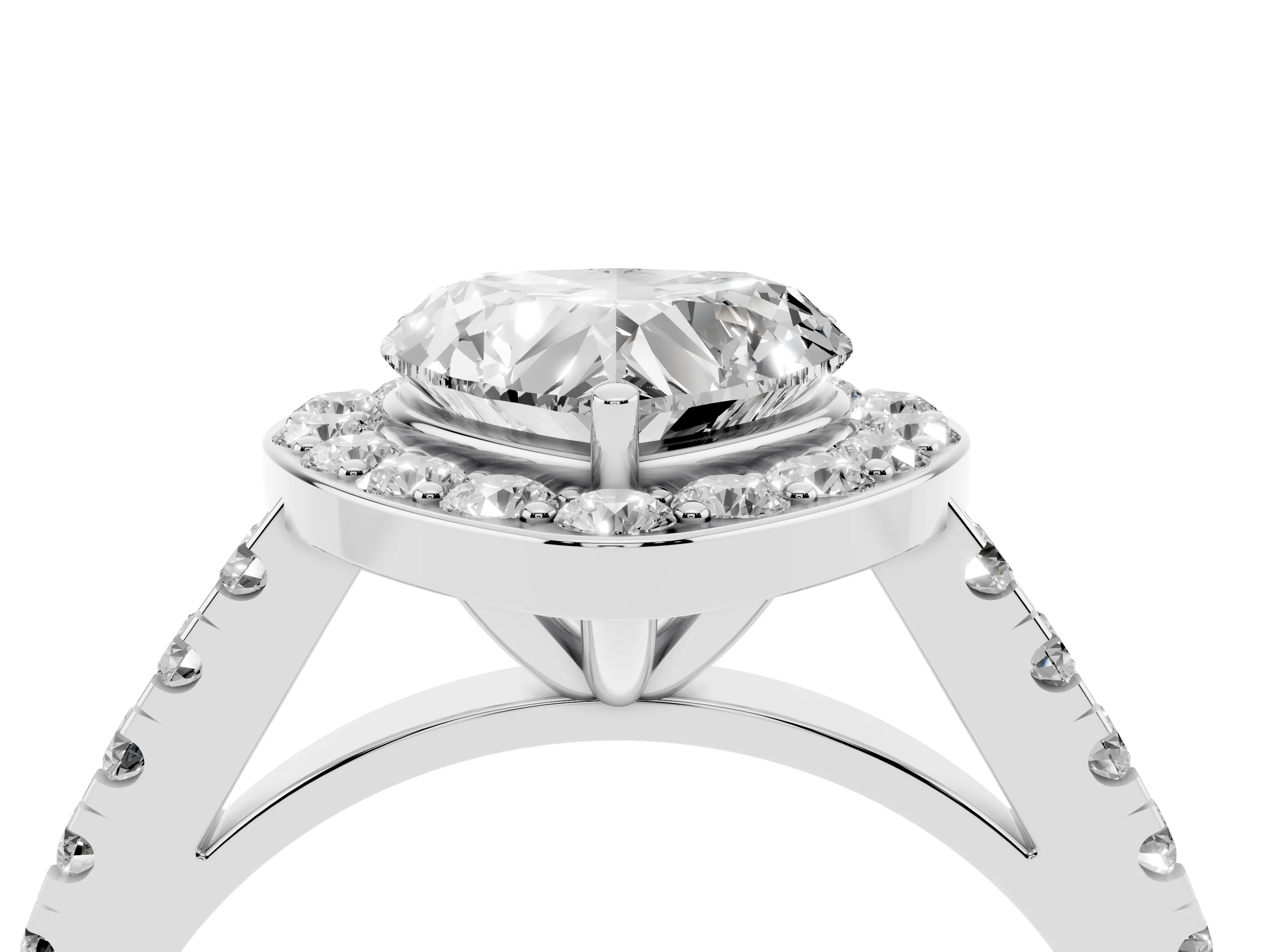 Heart Cut Diamond Halo Ring Set in Silver with Round Pavé Split Shank and Prong Setting