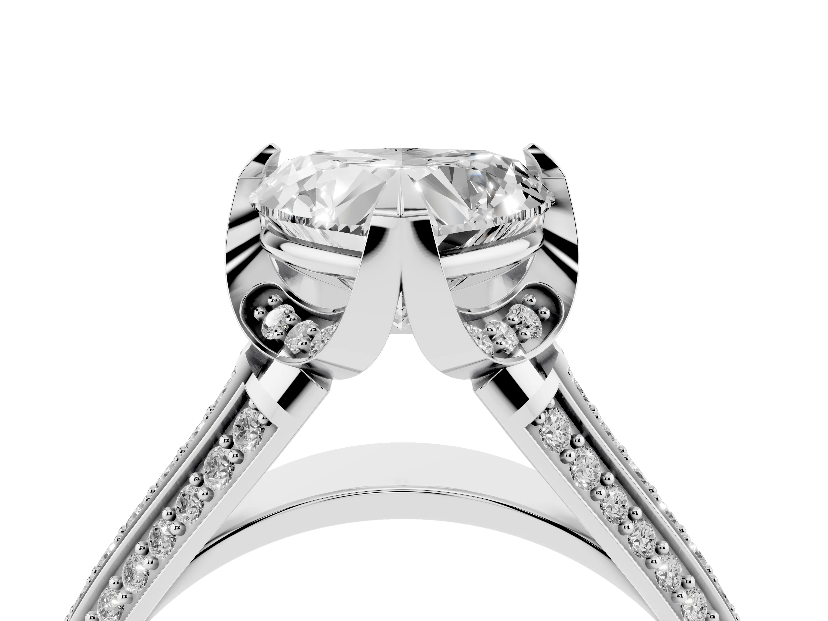 Heart Cut Diamond Pavé Split Shank Solitaire Ring Set in Platinum with Prong Setting