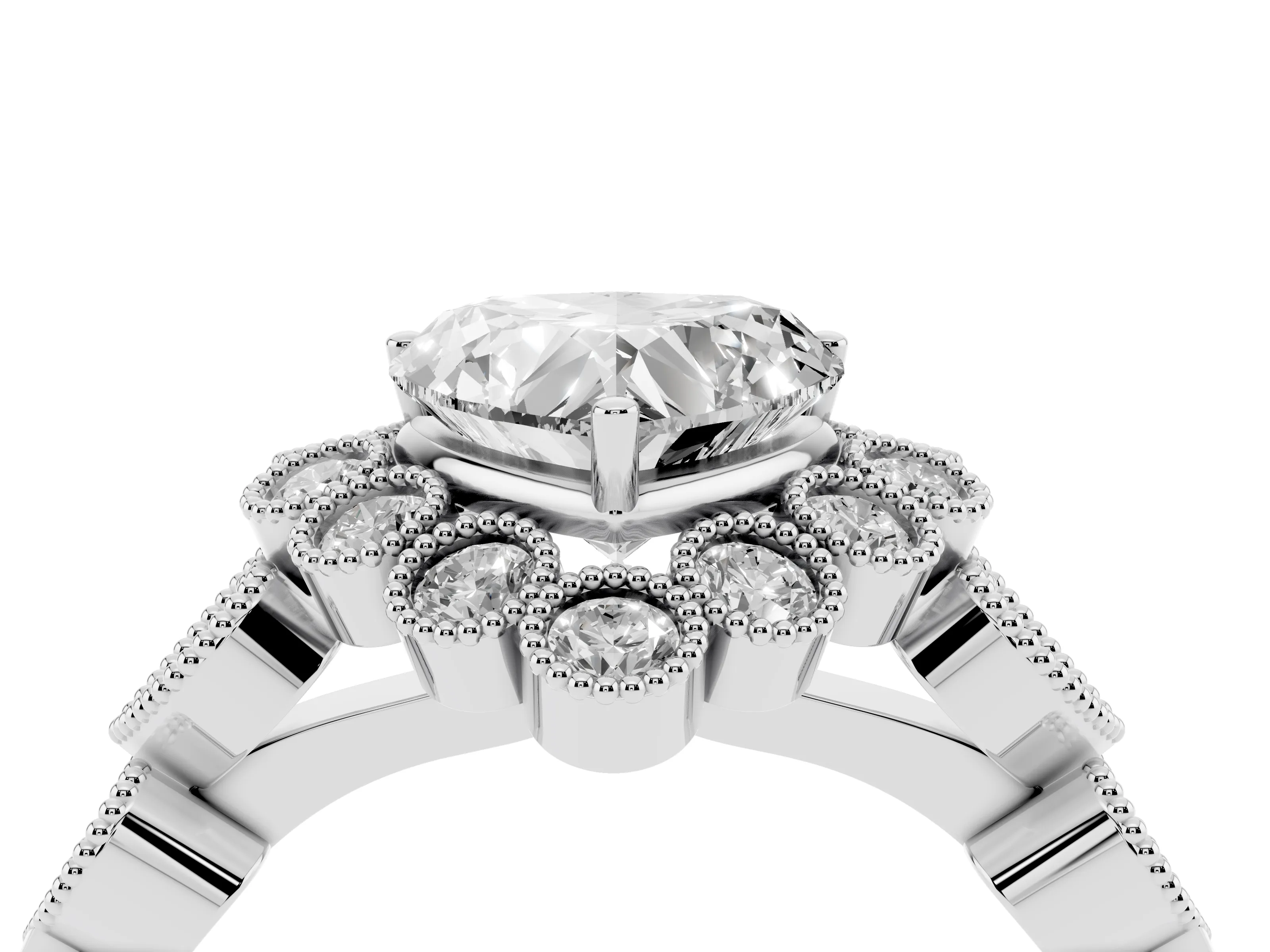 Heart Cut Diamond Solitaire Ring Set in White gold with Milgrain Pavé Heart Band