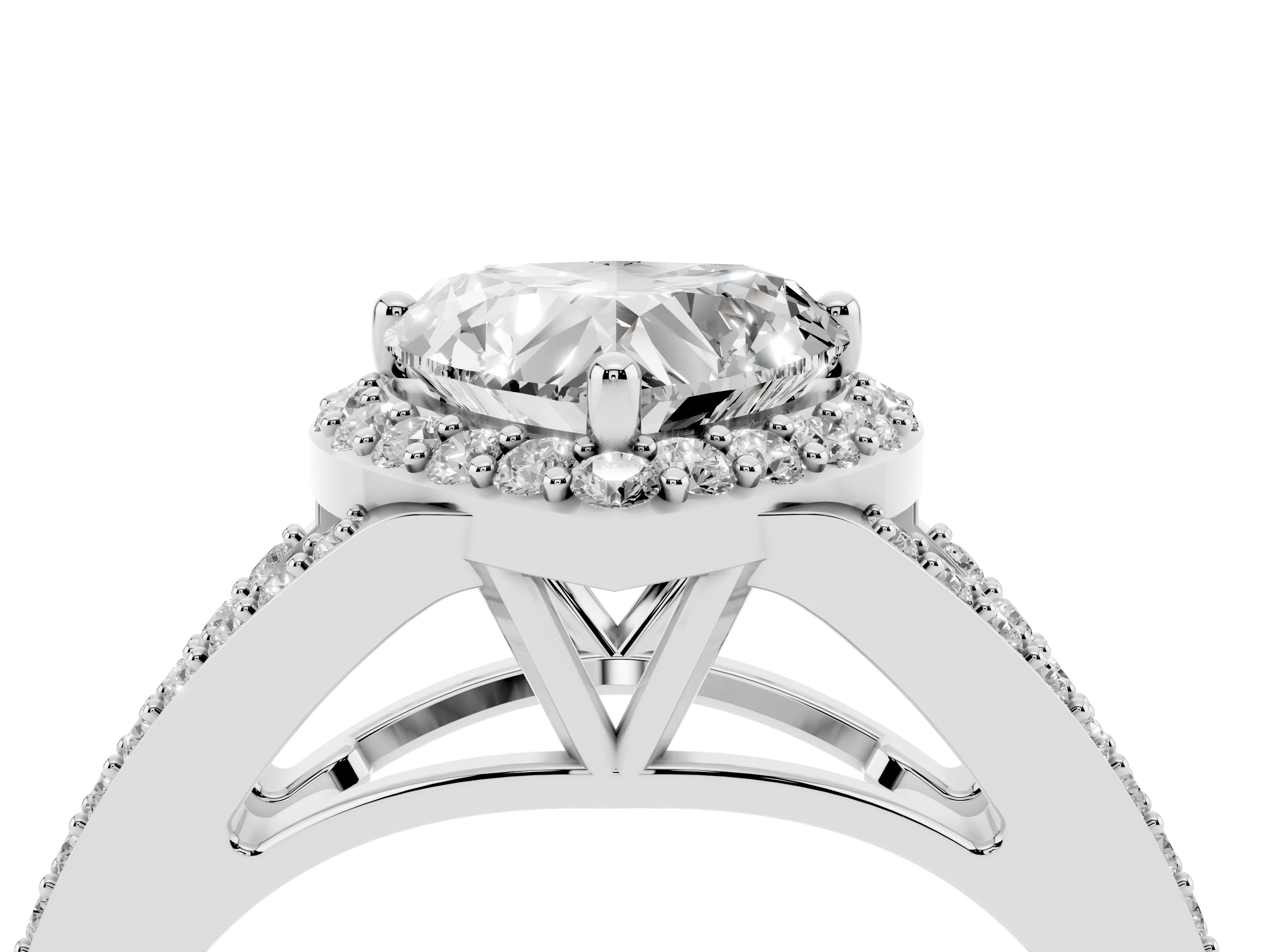 Heart Cut Diamond Halo Split Shank Pavé Ring Set in Silver with Prong Setting