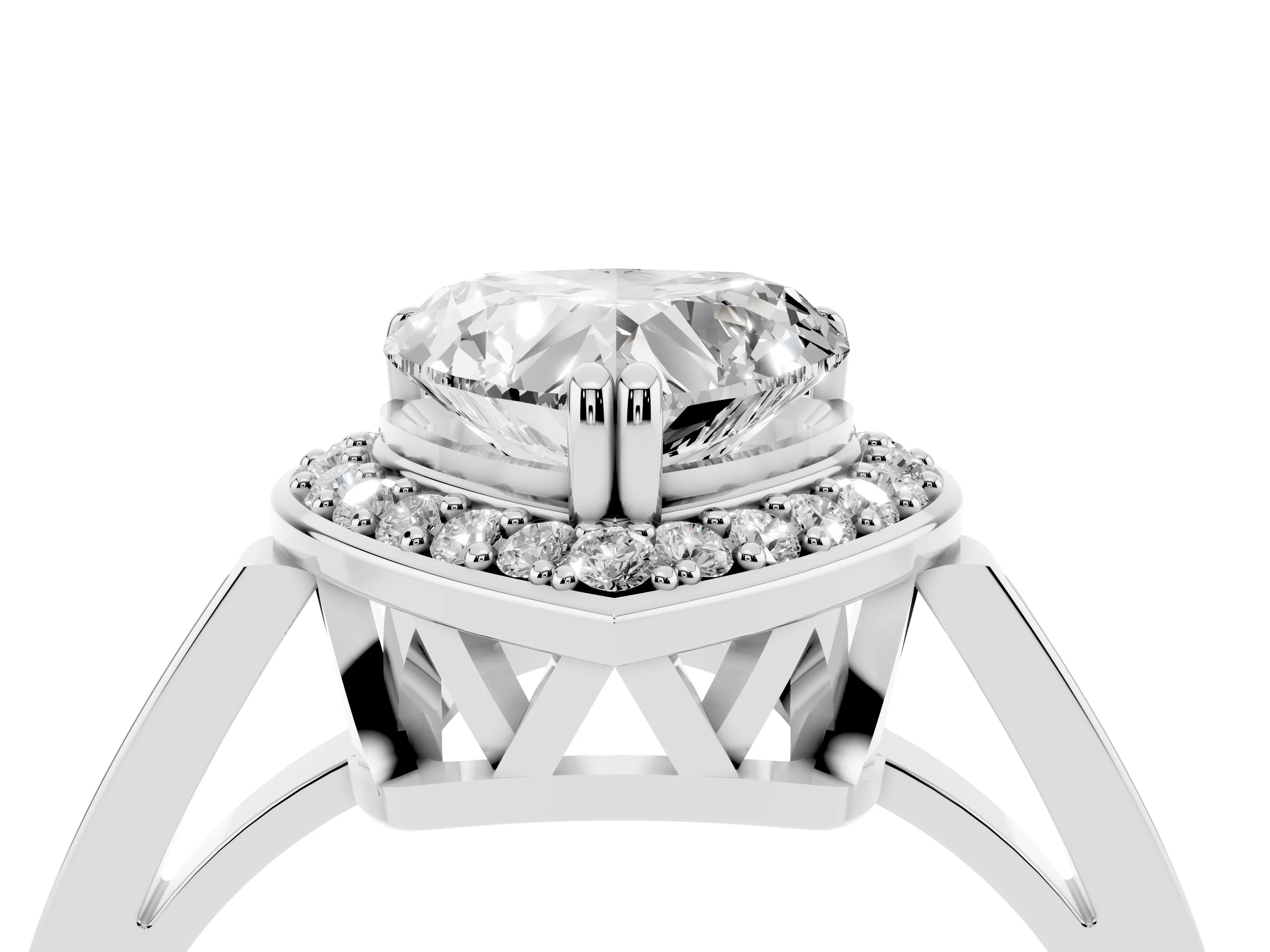 Heart Cut Diamond Halo Ring Set in White gold with Accent-Lined Split Shank and Prong Setting