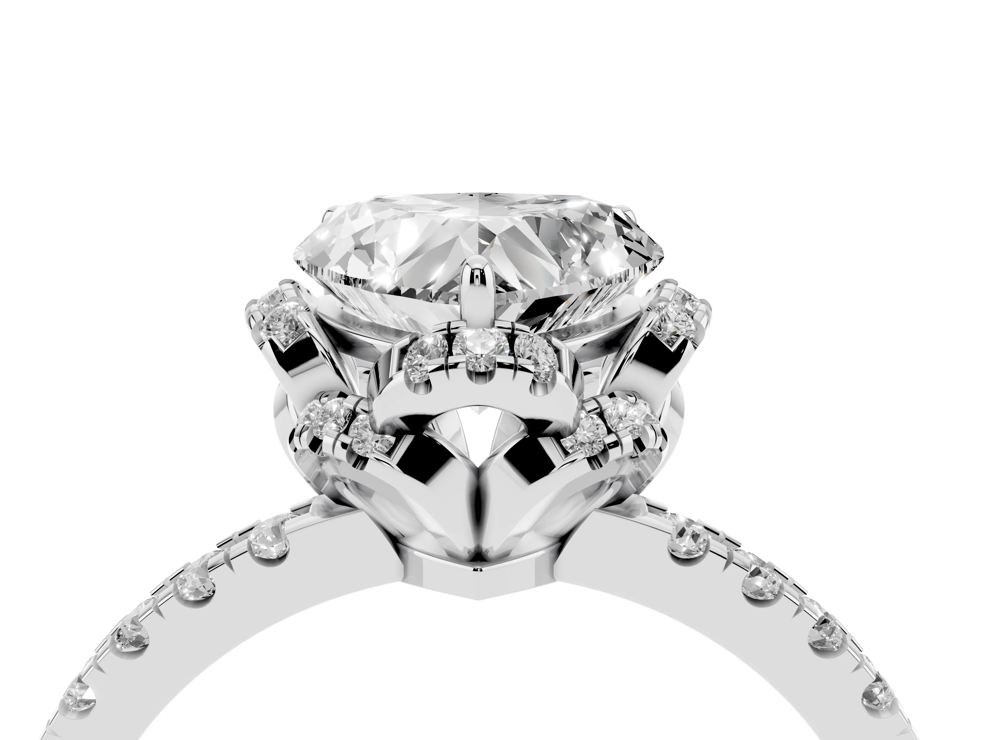 Heart Cut Diamond Halo Pavé Band Ring Set in Platinum with Prong-Held Center