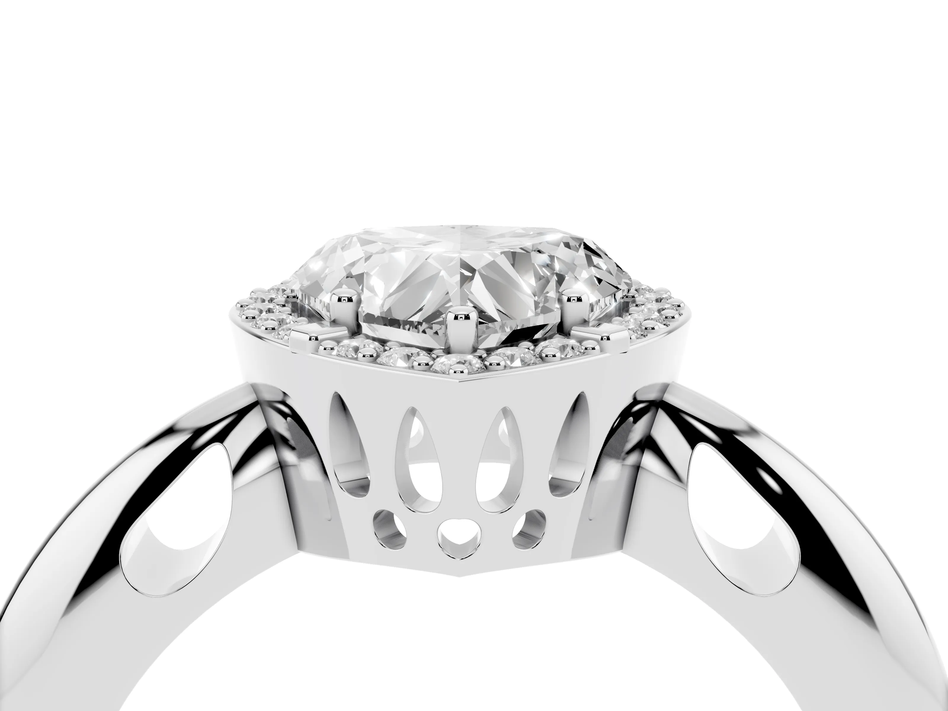 Heart Cut Diamond Halo Engagement Ring Set in Platinum with Plain Split Shank and Prong Setting