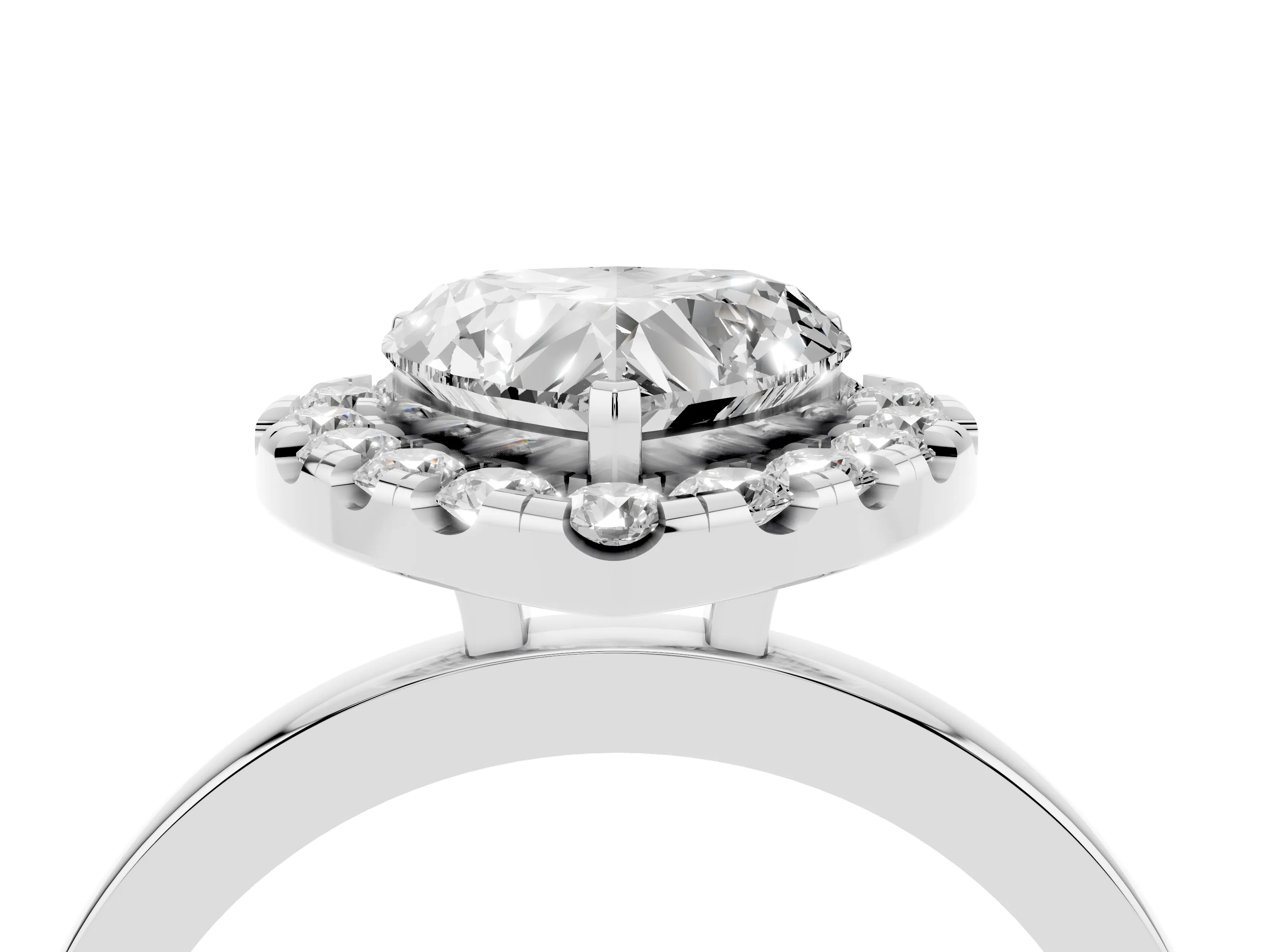 Heart Cut Diamond Halo Solitaire Ring Set in Silver with Pavé Band and Prong Setting