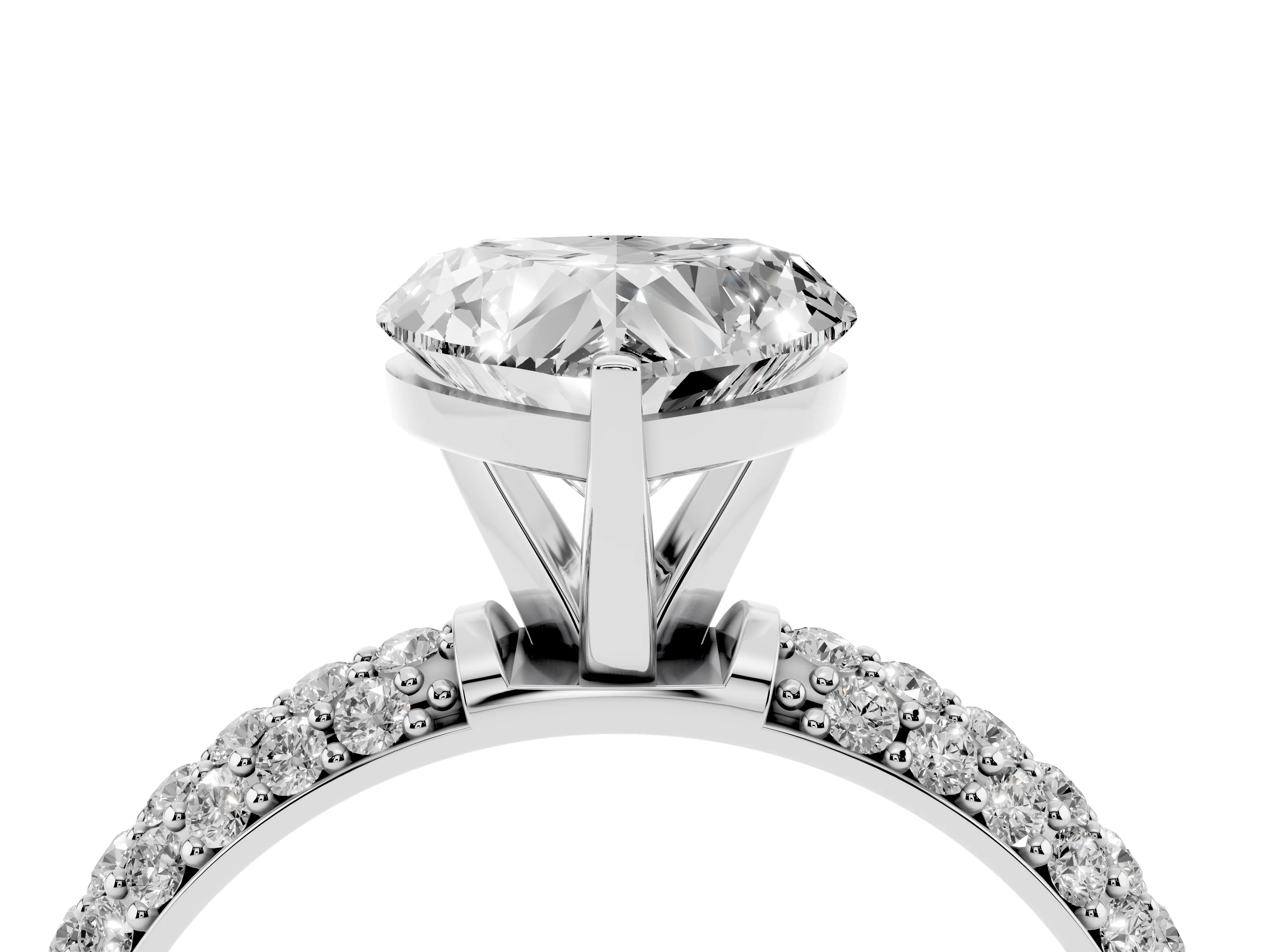 Heart Cut Diamond Solitaire Ring Set in White gold with Prong Setting and Pavé-Set Band