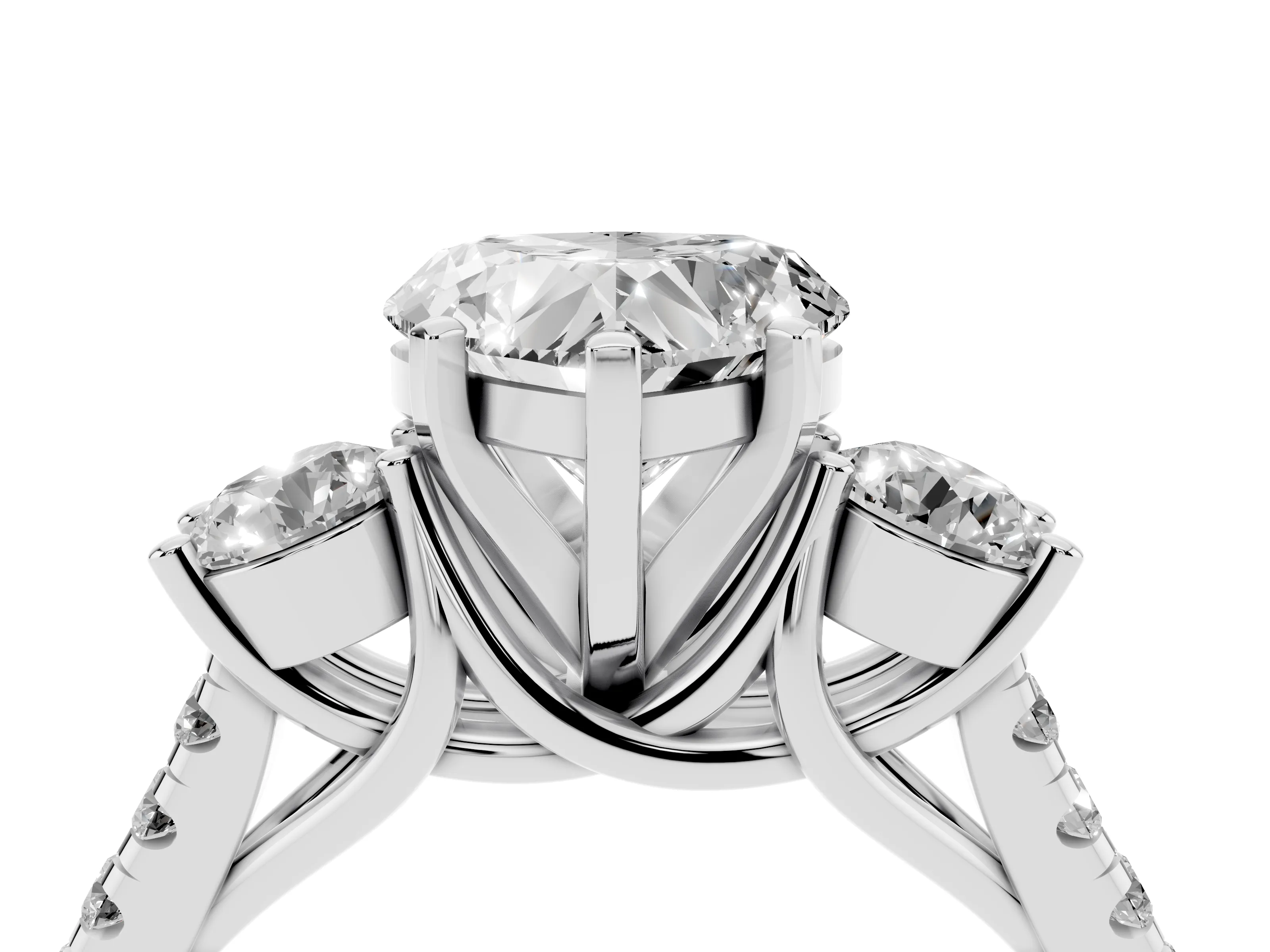 Three-Stone Heart Cut Diamond Pavé Band Ring Set in Platinum with Prong-Set Trio