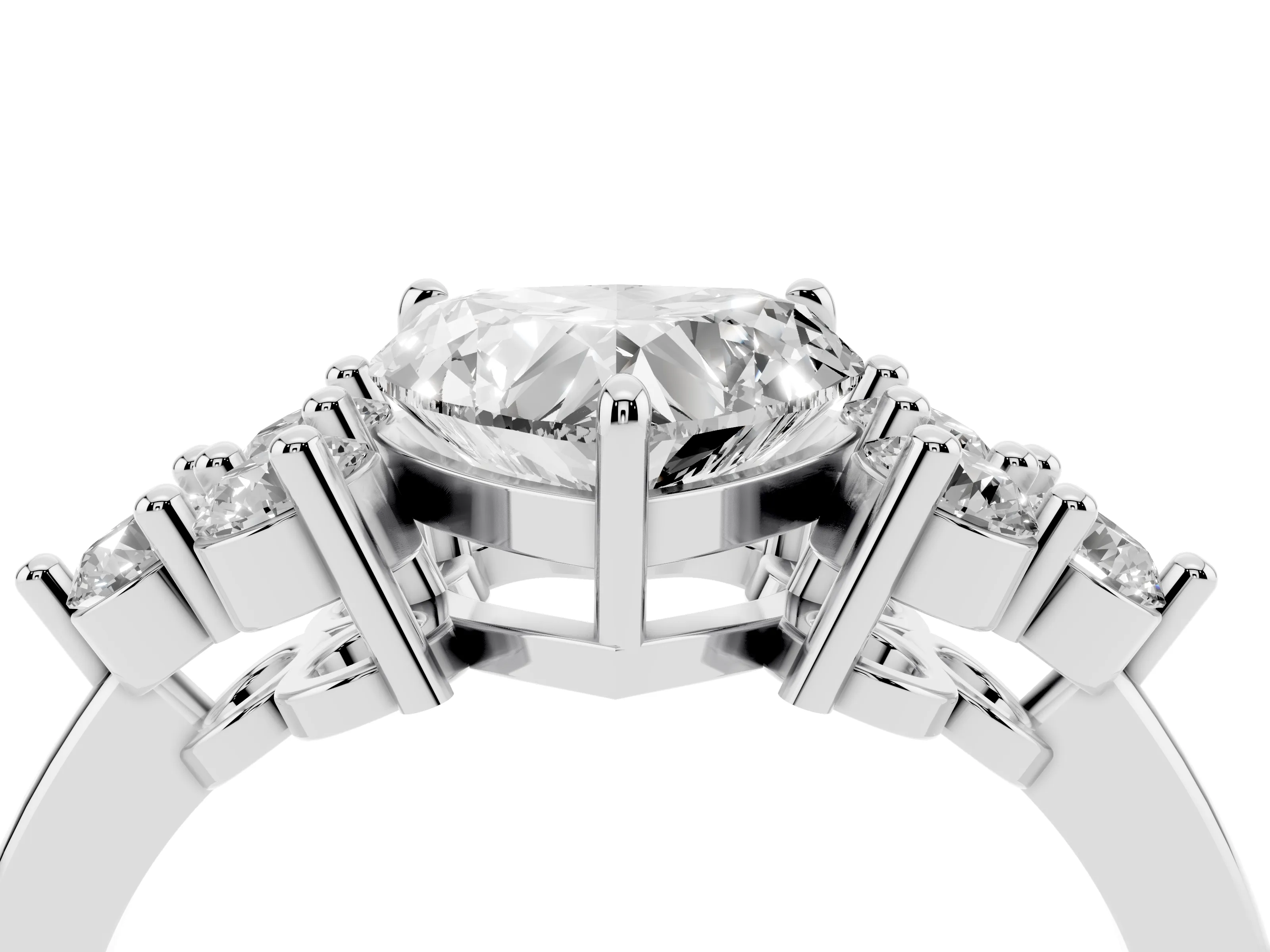 Heart Cut Diamond Solitaire Ring Set in Silver with Cluster Accents on Each Side