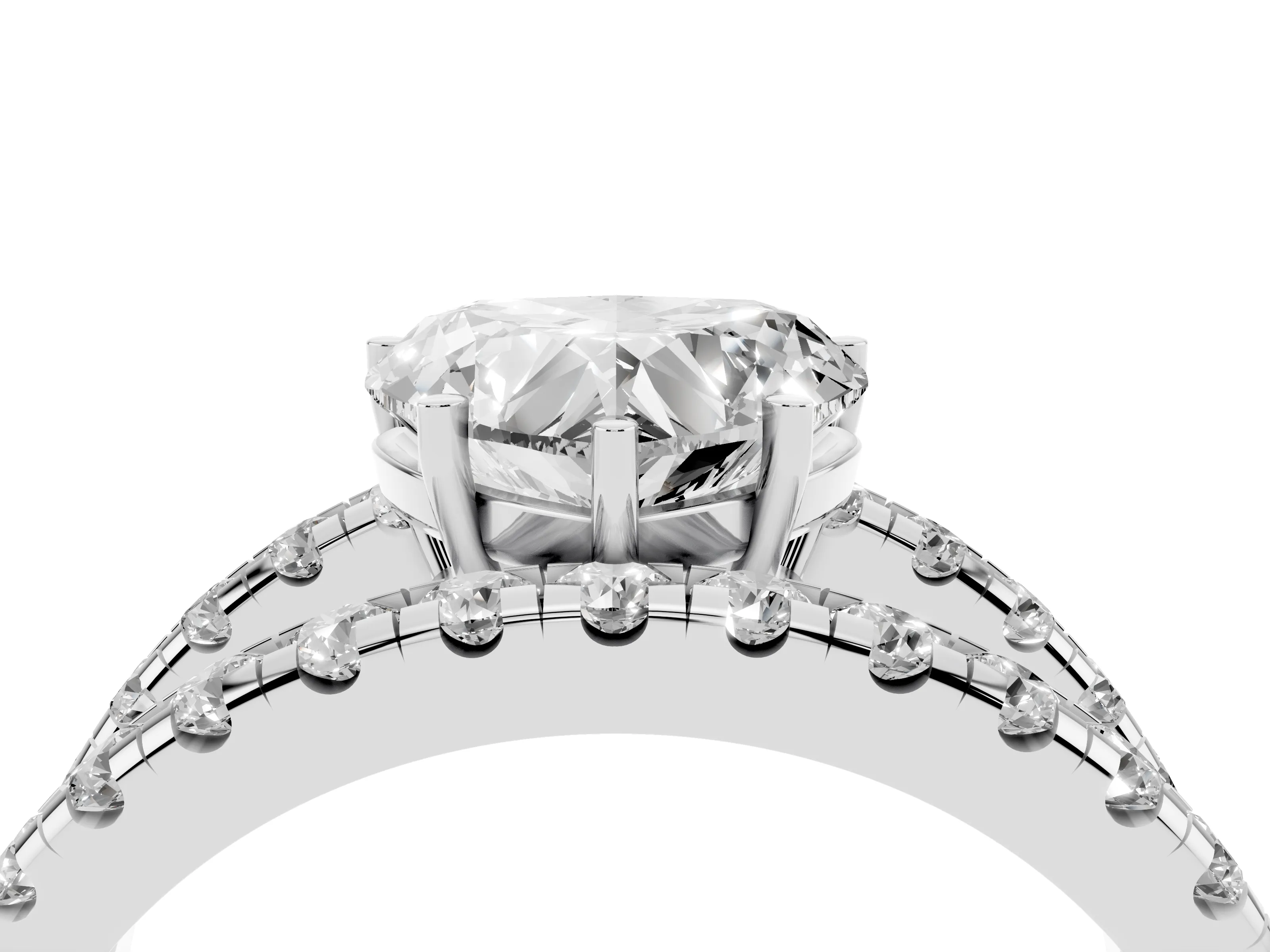 Heart Cut Diamond Split Shank Pavé Solitaire Ring Set in White gold with Open Shank Design