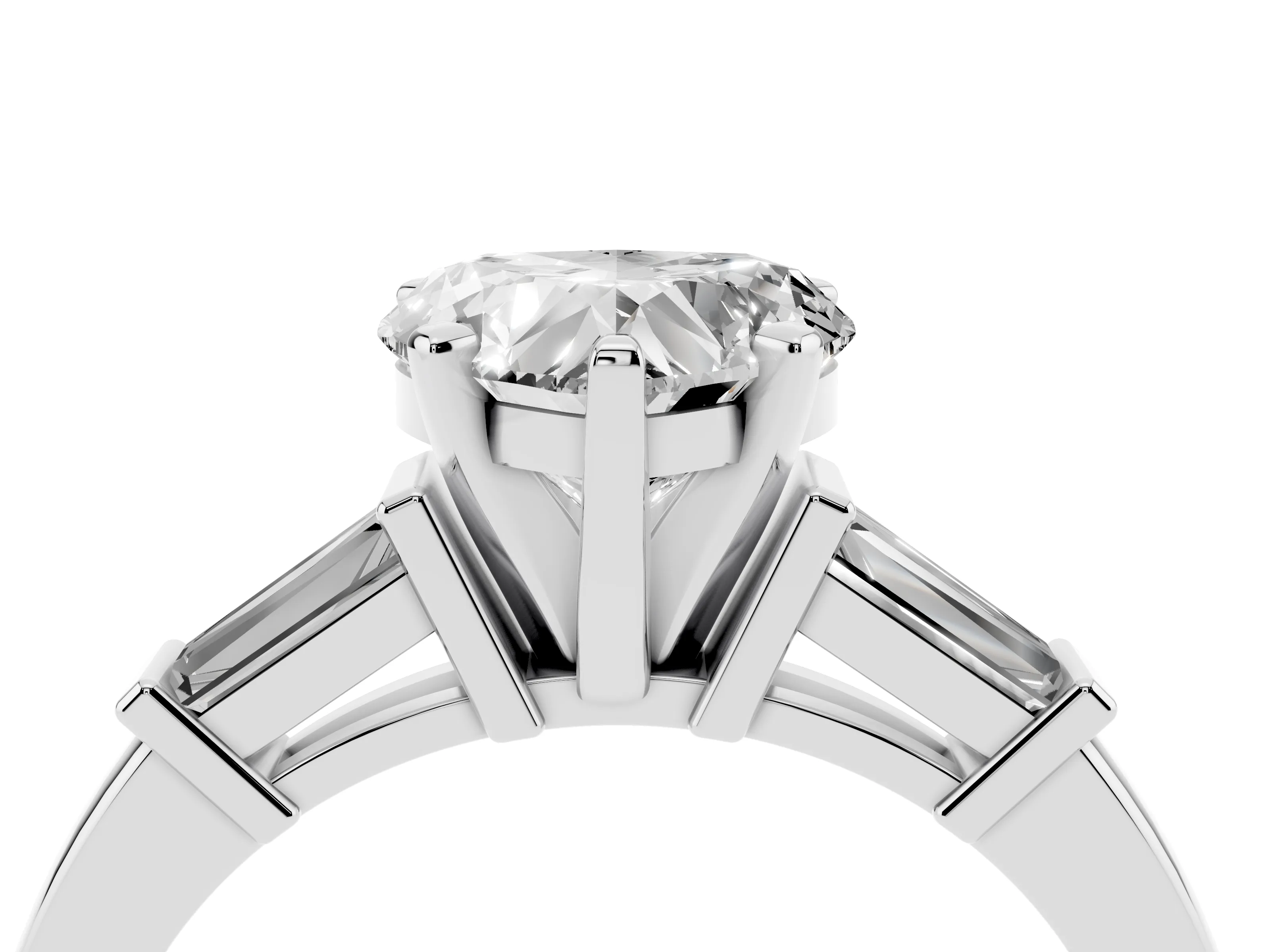Heart Cut Diamond Solitaire Ring Set in White gold with Tapered Baguette Accents and Prong Setting