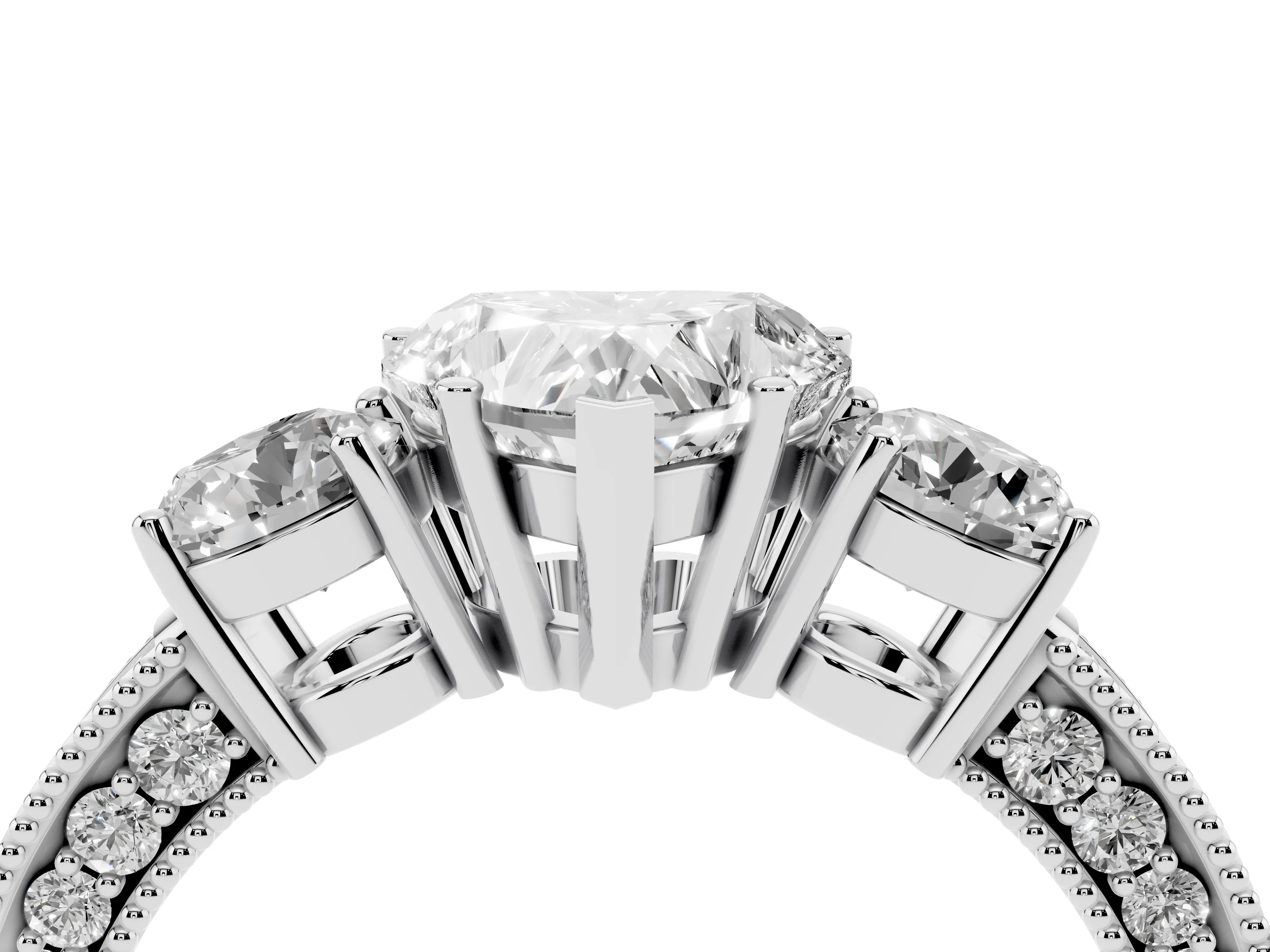 Heart Cut Diamond Three-Stone Ring Set in Platinum with Round Side Stones and Pavé Band