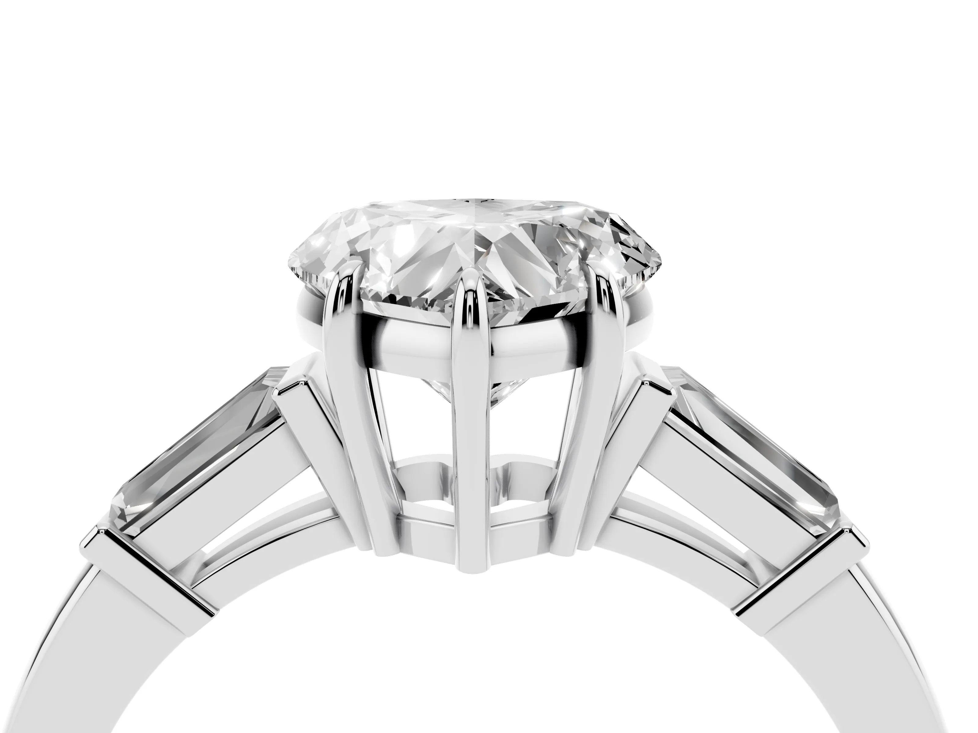 Heart Cut Diamond Three-Stone Ring Set in Platinum with Tapered Baguette Side Stones and Prong Setting