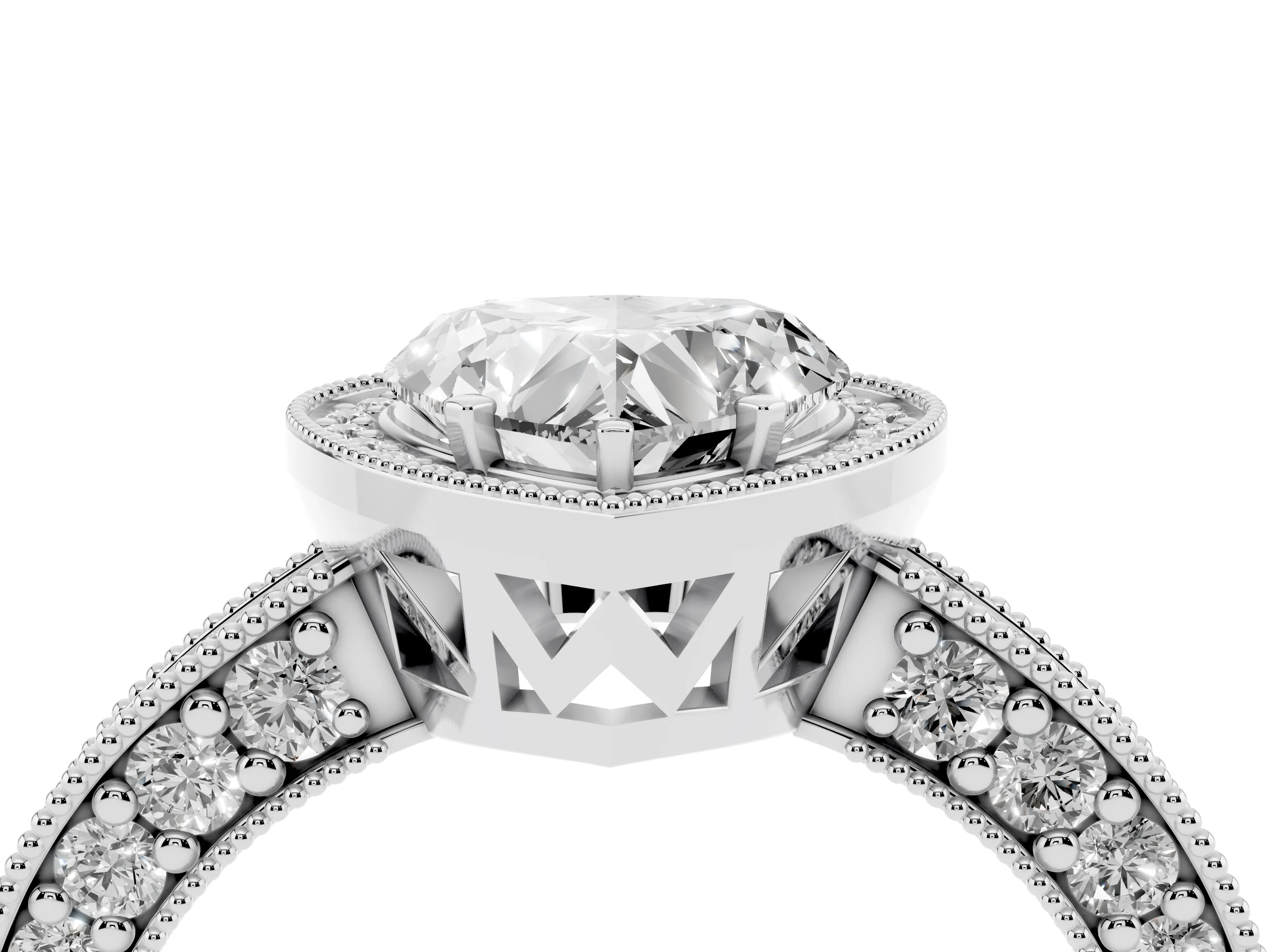 Heart Cut Diamond Halo Pavé Band Ring Set in Platinum with Prong-Set Center