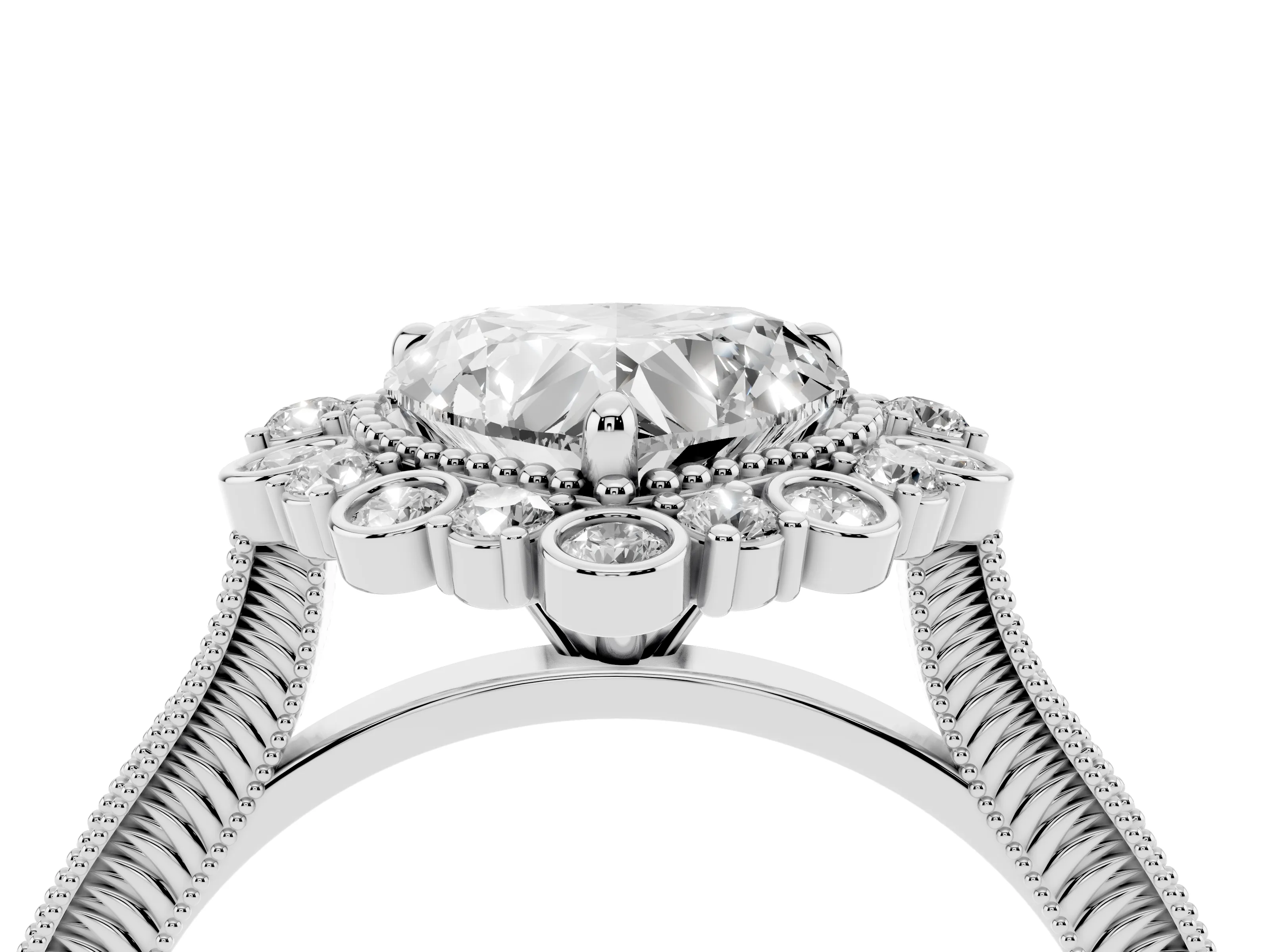 Heart Cut Diamond Halo Milgrain Pavé Ring Set in White gold with Prong Setting