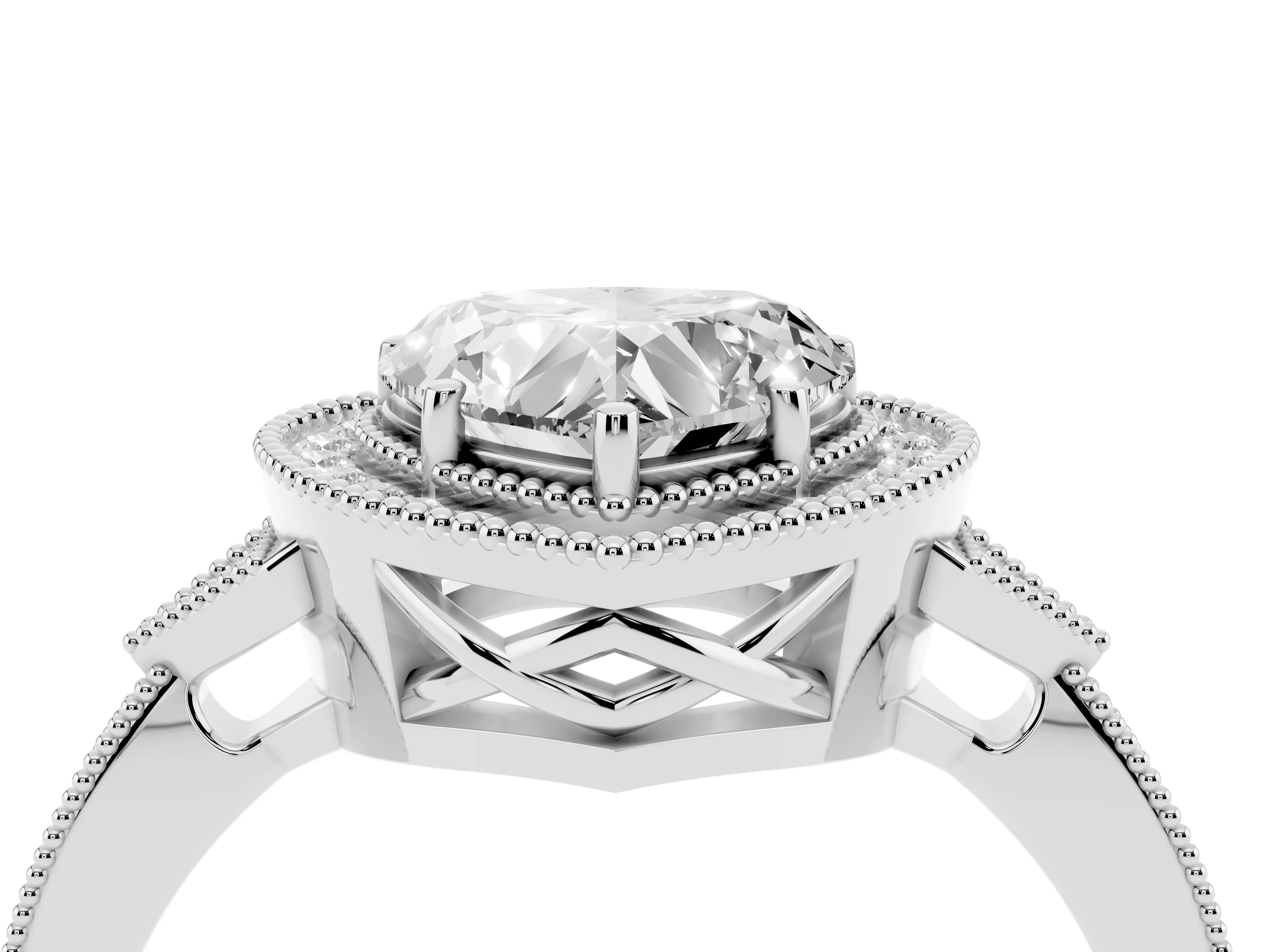 Heart Cut Diamond Halo Engagement Ring Set in White gold with Milgrain Pavé Band