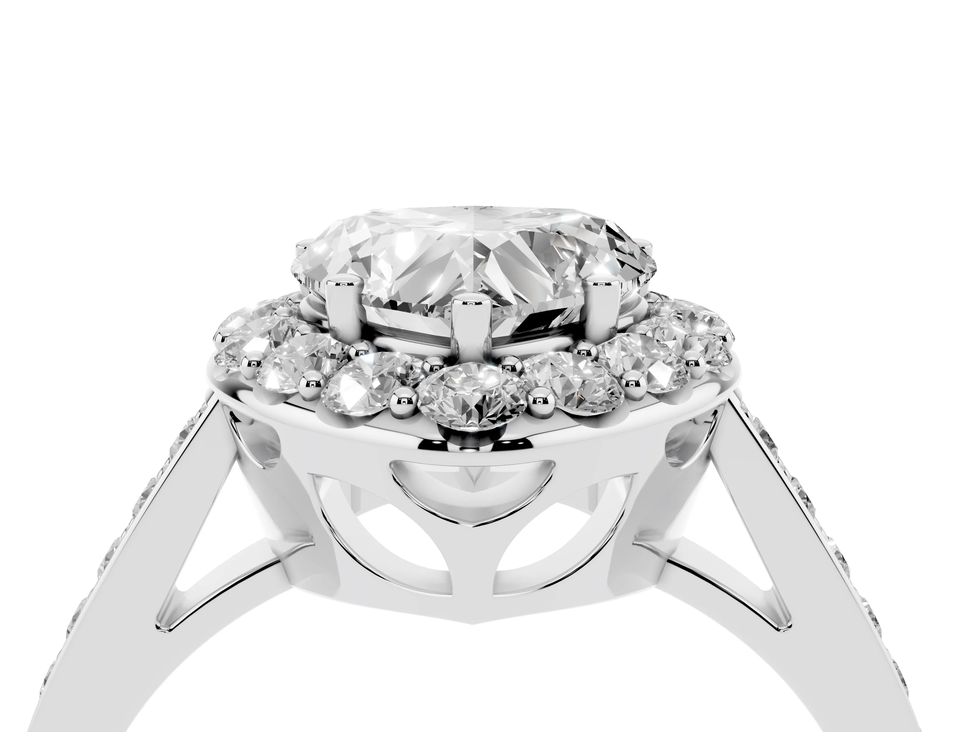 Heart Cut Diamond Floral Halo Ring Set in White gold with Pavé Band and Prong Setting