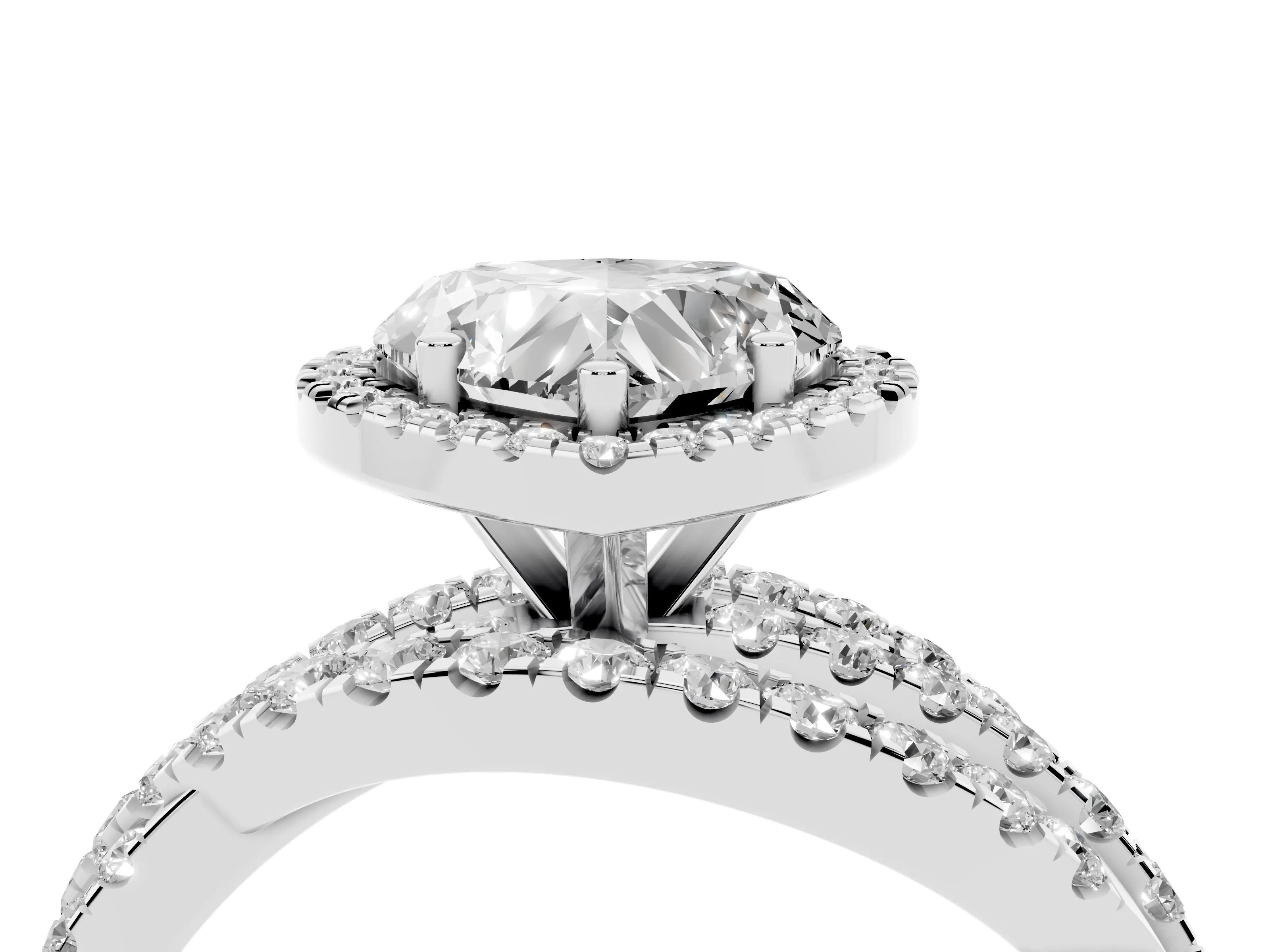 Heart Cut Diamond Halo Ring Set in Platinum with Round Crossover Split Shank and Prong Setting