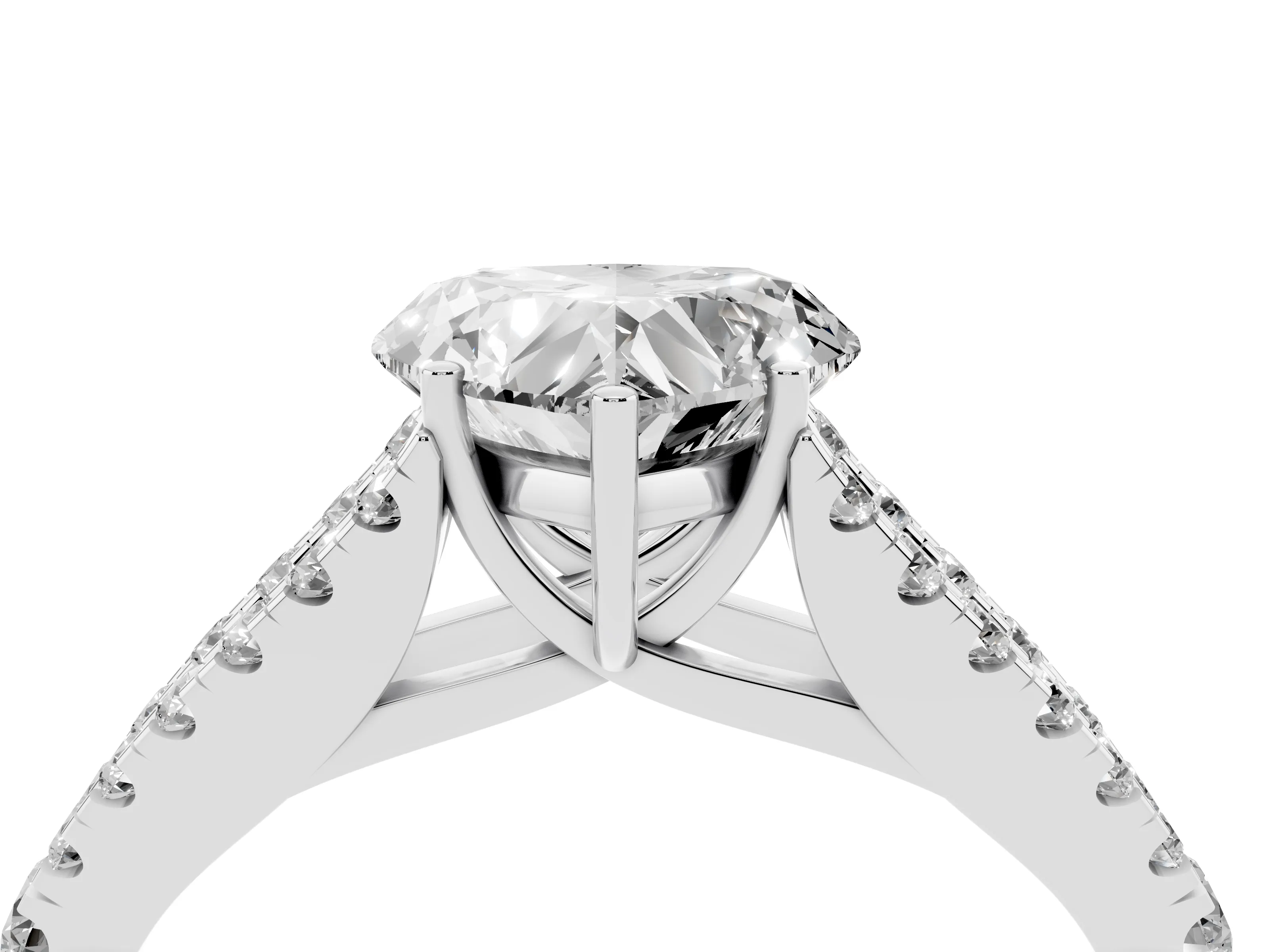 Heart Cut Diamond Split Shank Pavé Engagement Ring Set in Platinum with Prong-Held Center Stone