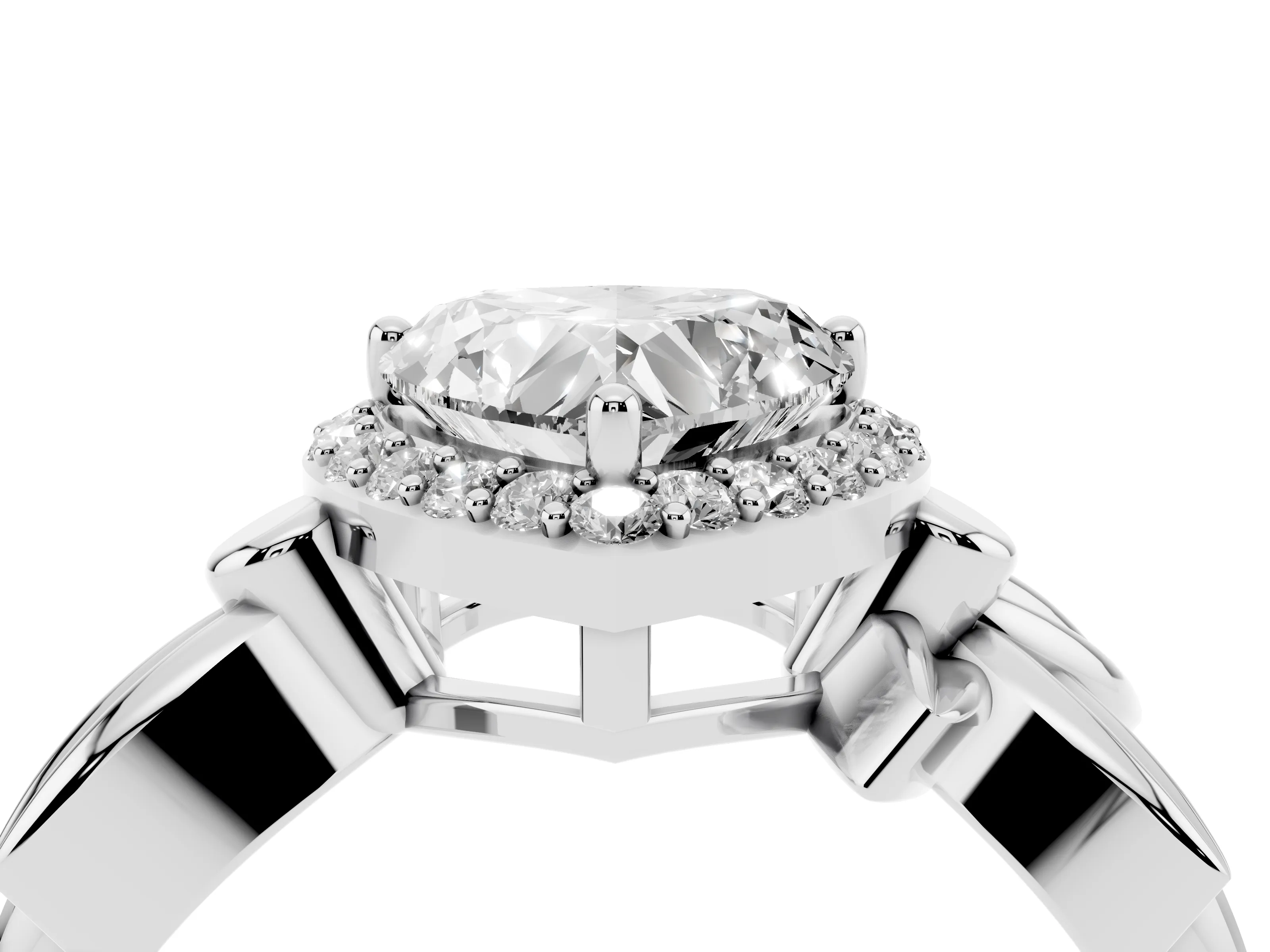 Heart Cut Diamond Halo Floral Band Ring Set in Silver with Prong Setting