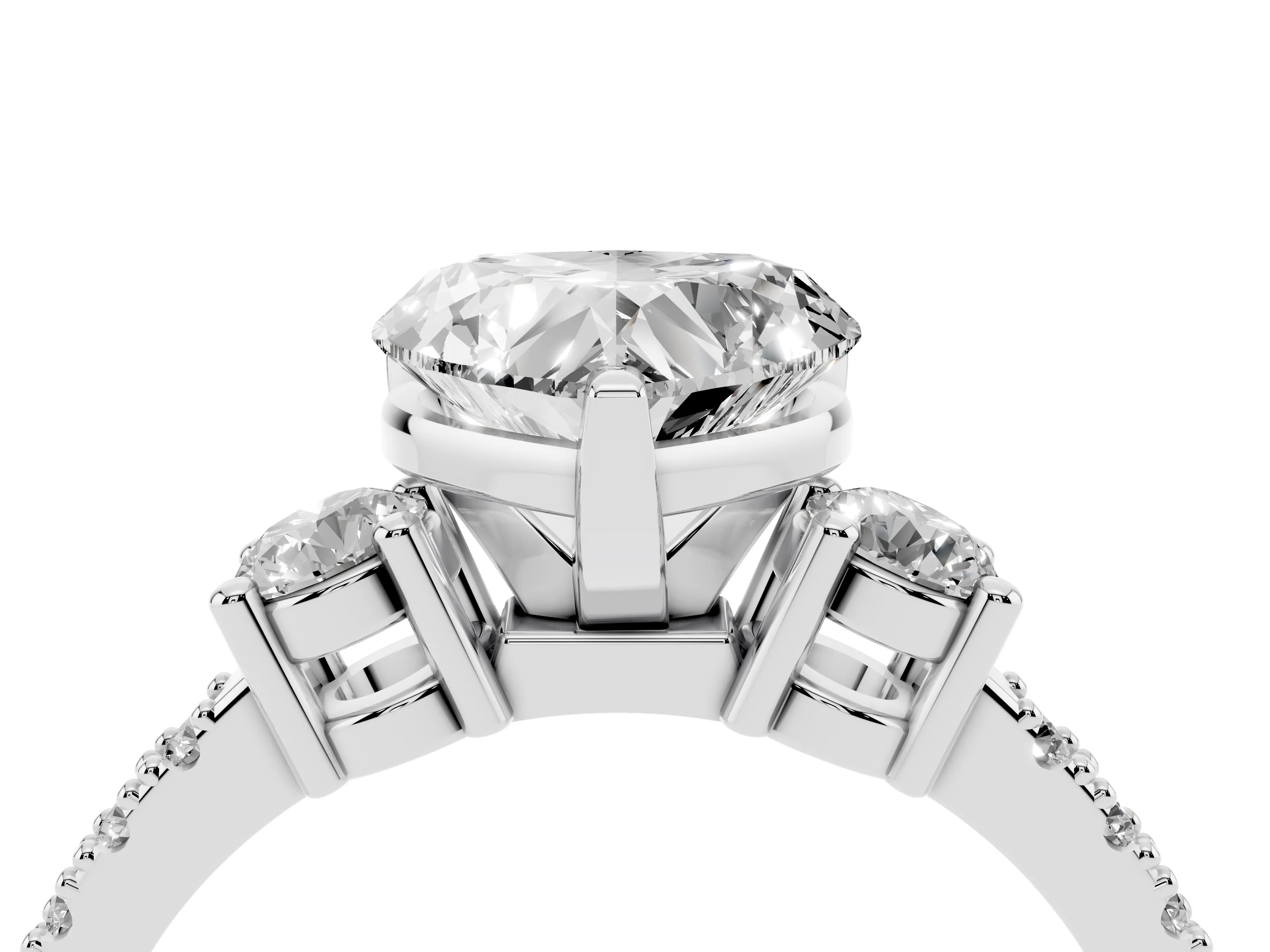 Three-Stone Heart Cut Diamond Pavé Band Ring Set in Platinum with Prong Setting