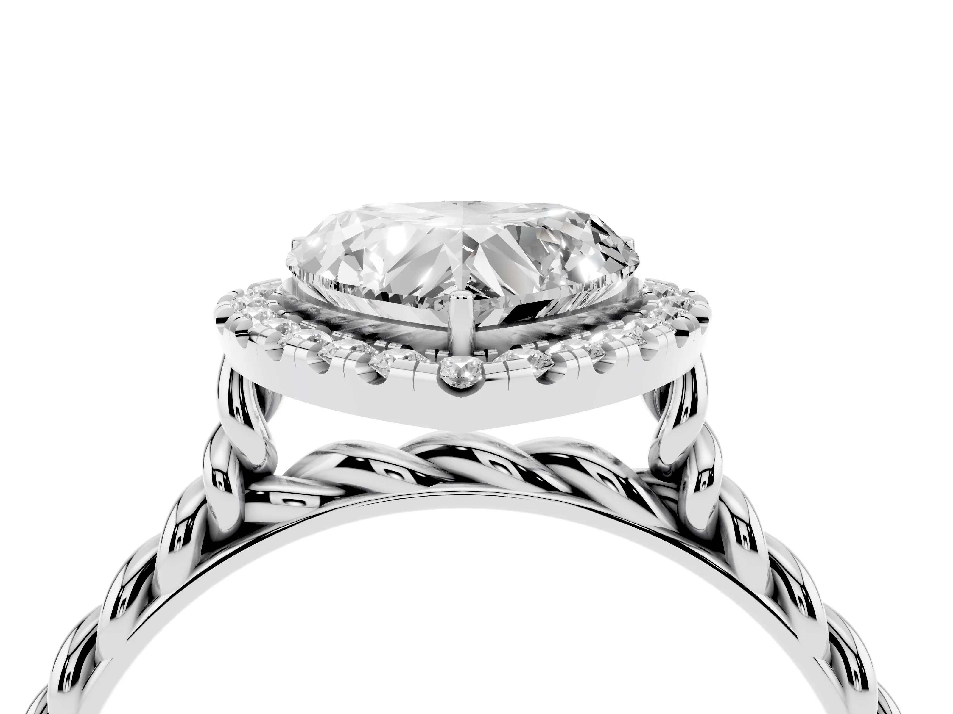 Heart Cut Diamond Halo Ring Set in Silver with Plain Twisted Band