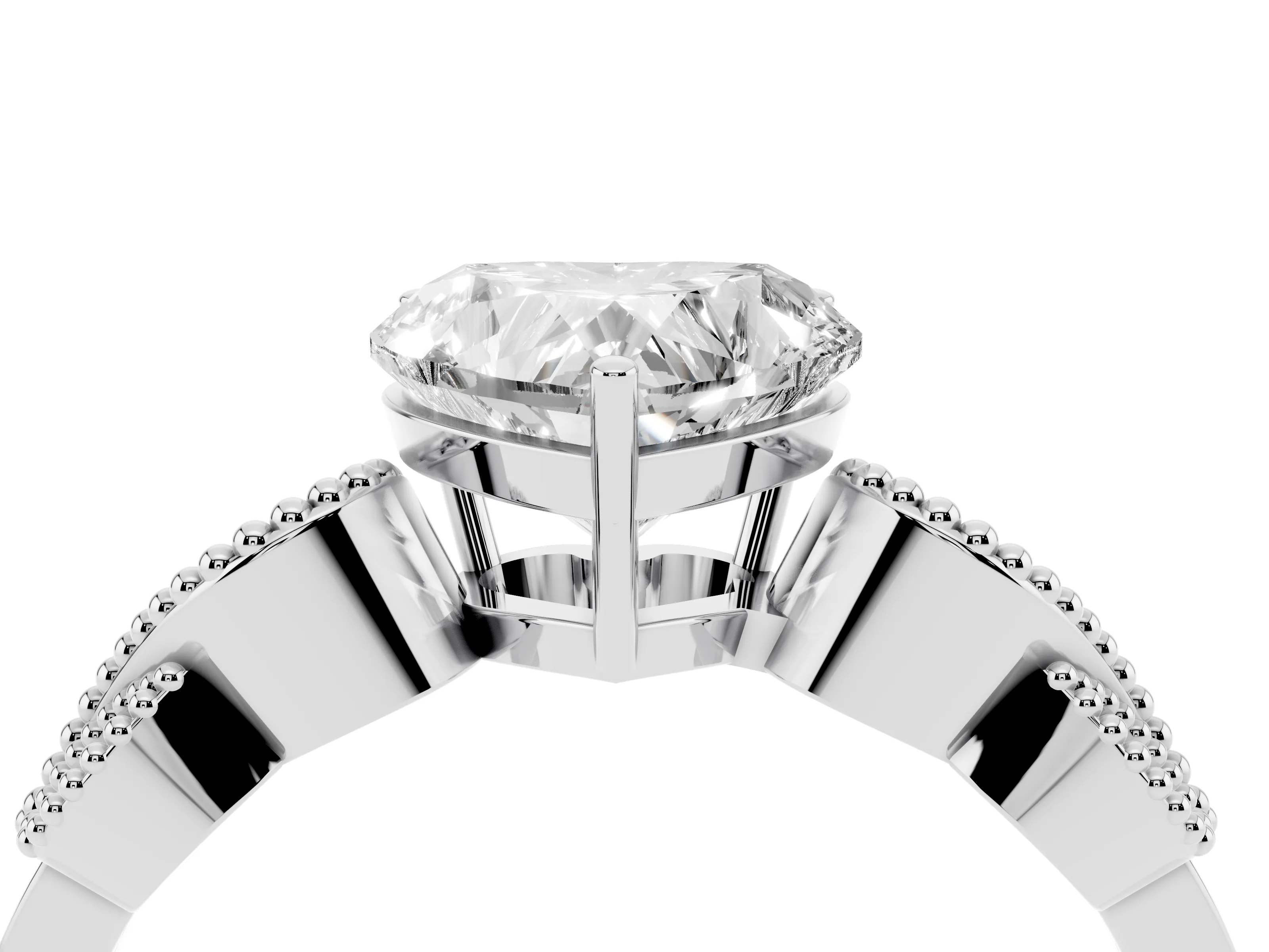 Heart Cut Diamond Milgrain Leaf Band Solitaire Ring Set in Silver with Accent Stones and Prong Setting