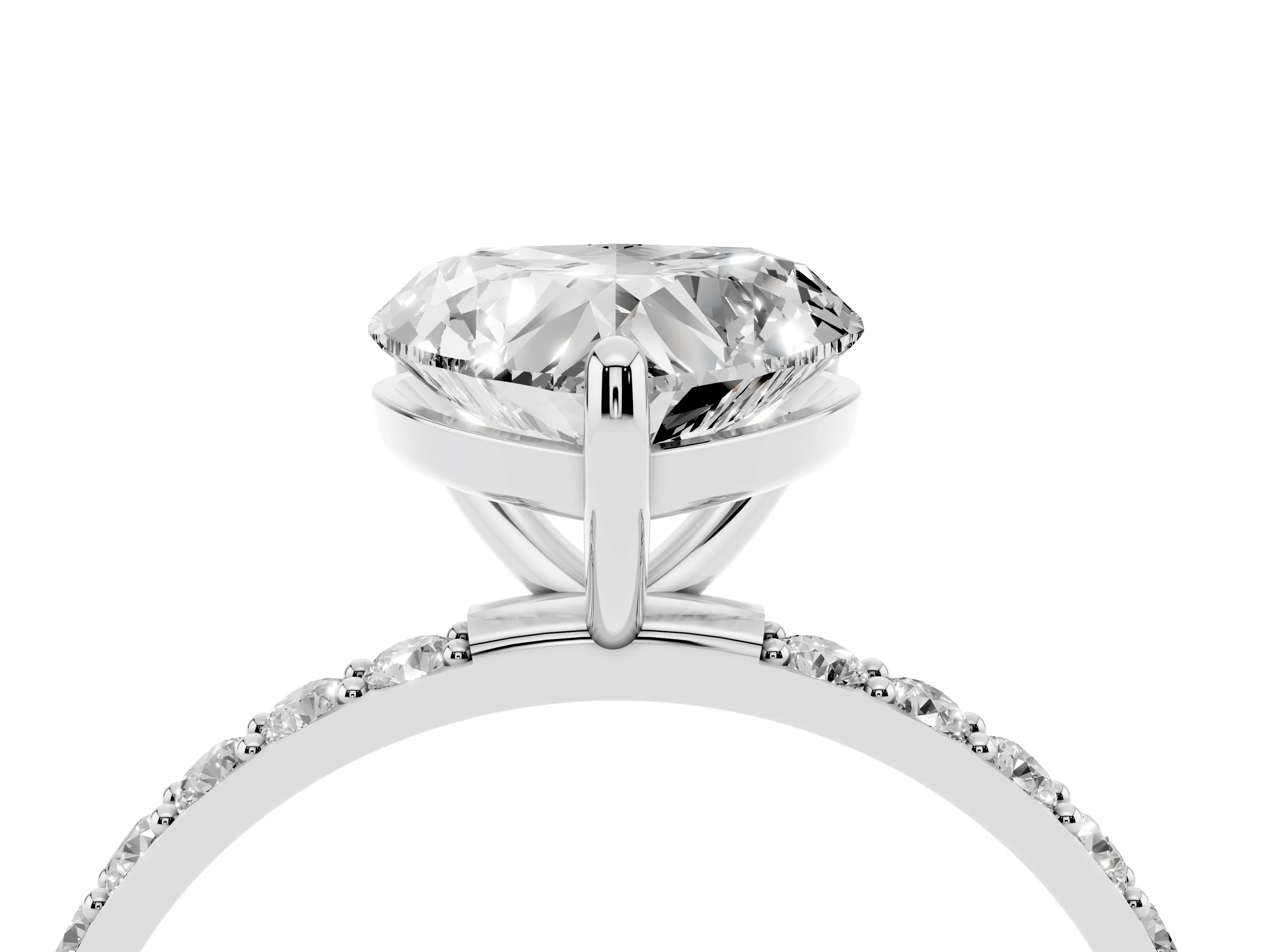 Heart Cut Diamond Solitaire Ring Set in Silver with Round Pavé Band and Prong Setting
