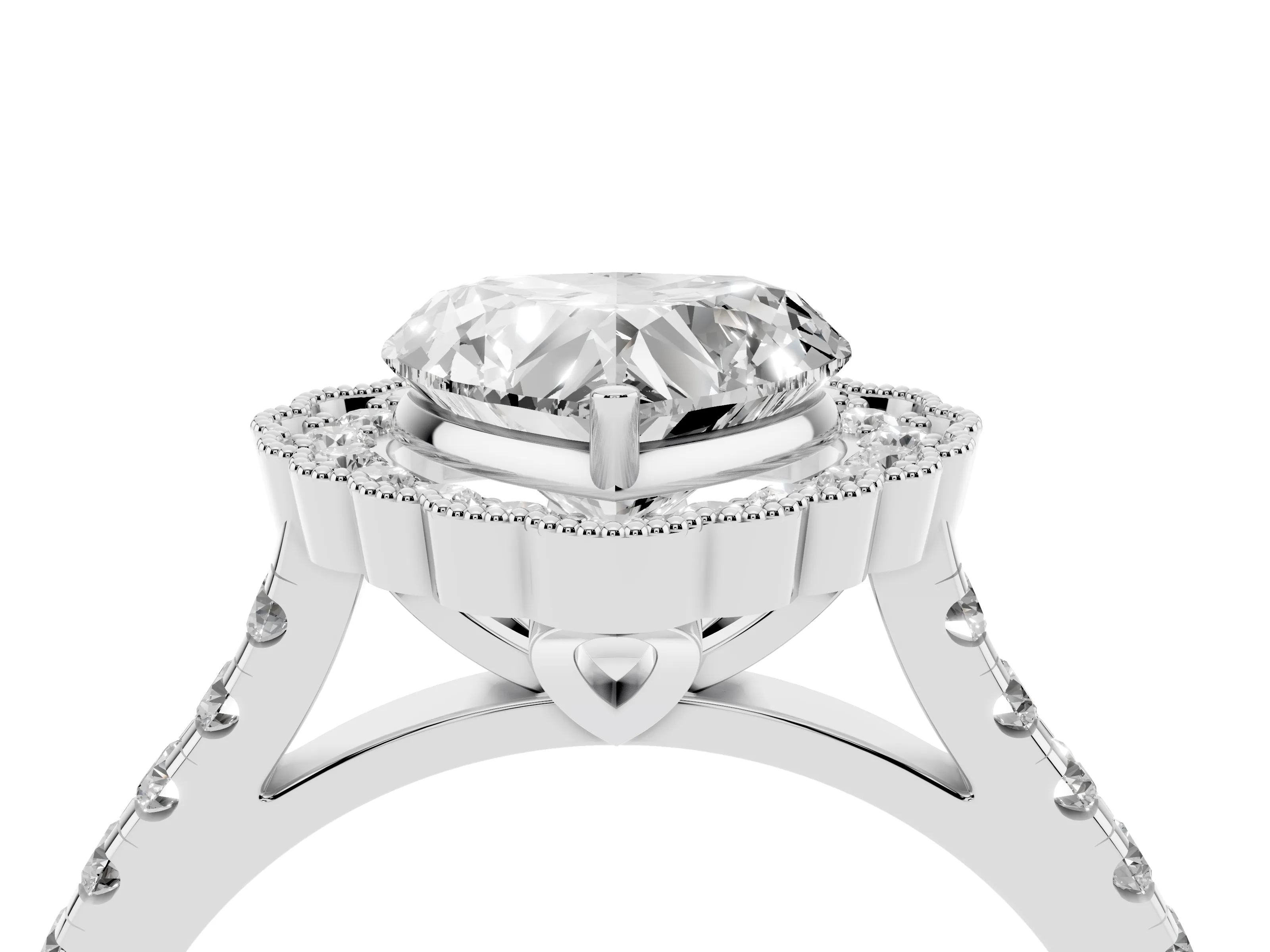 Heart Cut Diamond Milgrain Floral Halo Engagement Ring Set in White gold with Pavé Band
