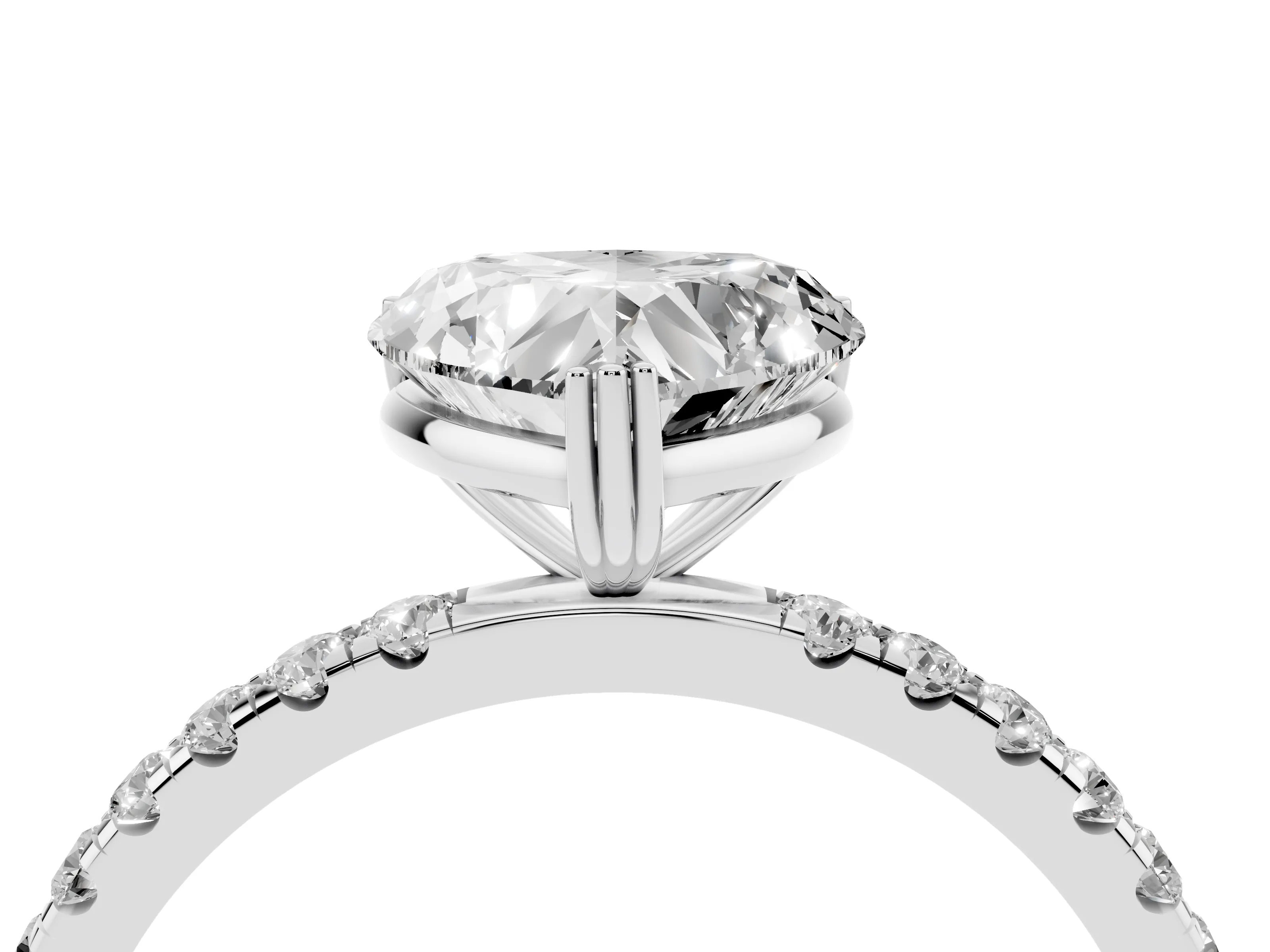 Heart Cut Diamond Brilliant Solitaire Set in White gold with Pavé Band and Claw Prong Setting