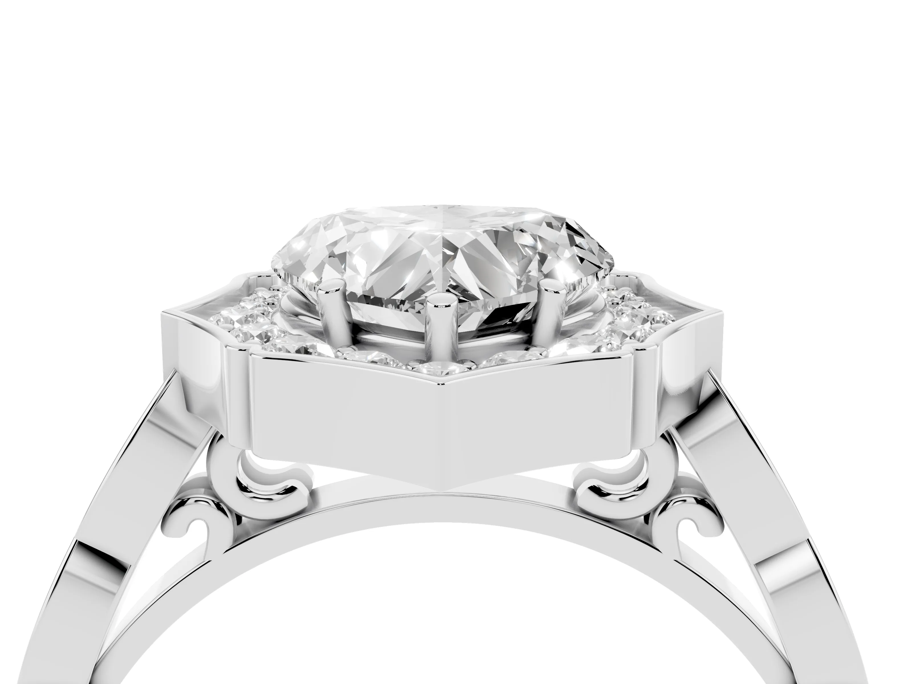 Heart Cut Diamond Halo Engagement Ring Set in White gold with Milgrain Band and Prong Setting