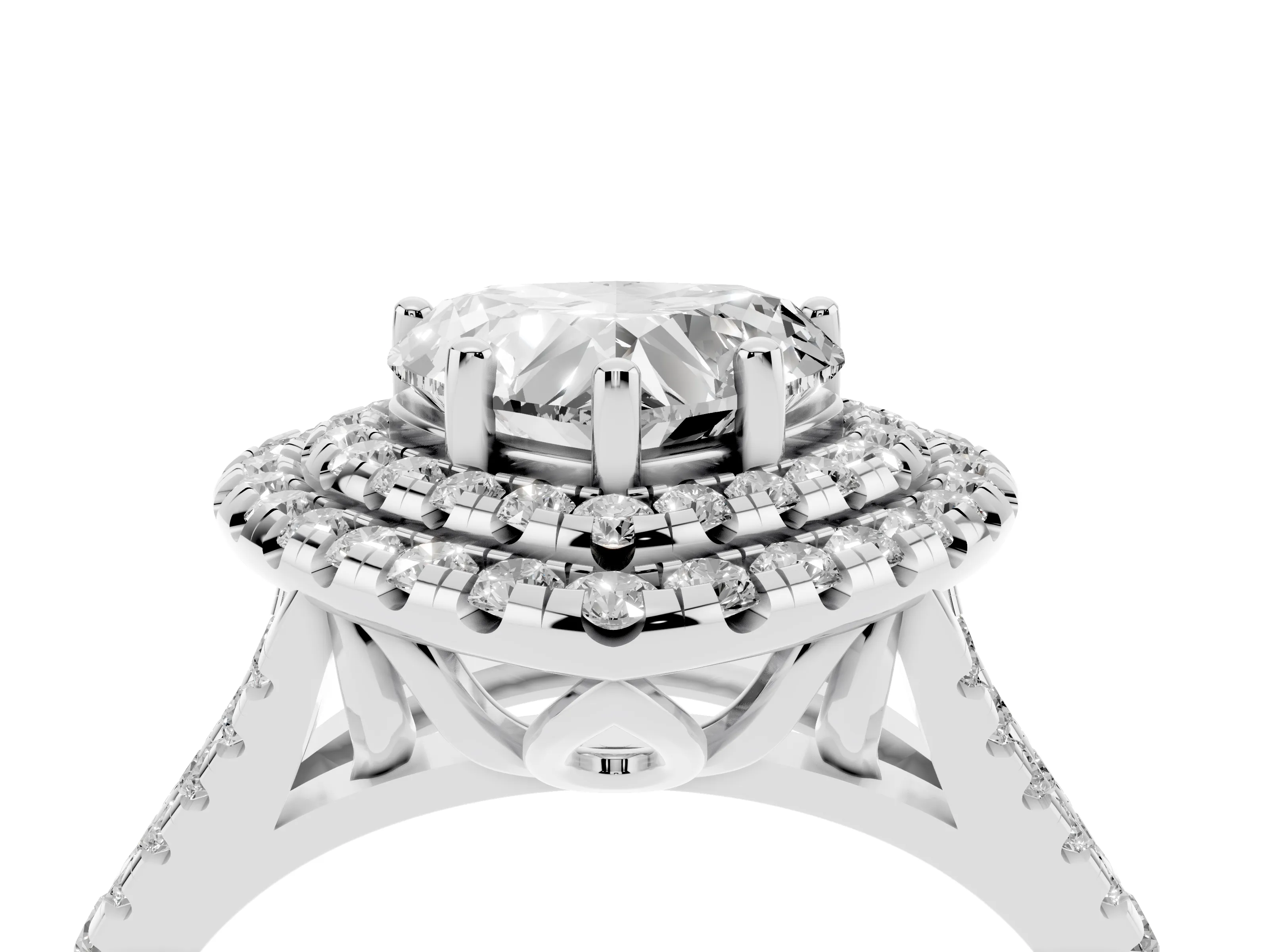 Heart Cut Diamond Double Halo Ring Set in Silver with Pavé Split Shank and Prong Setting