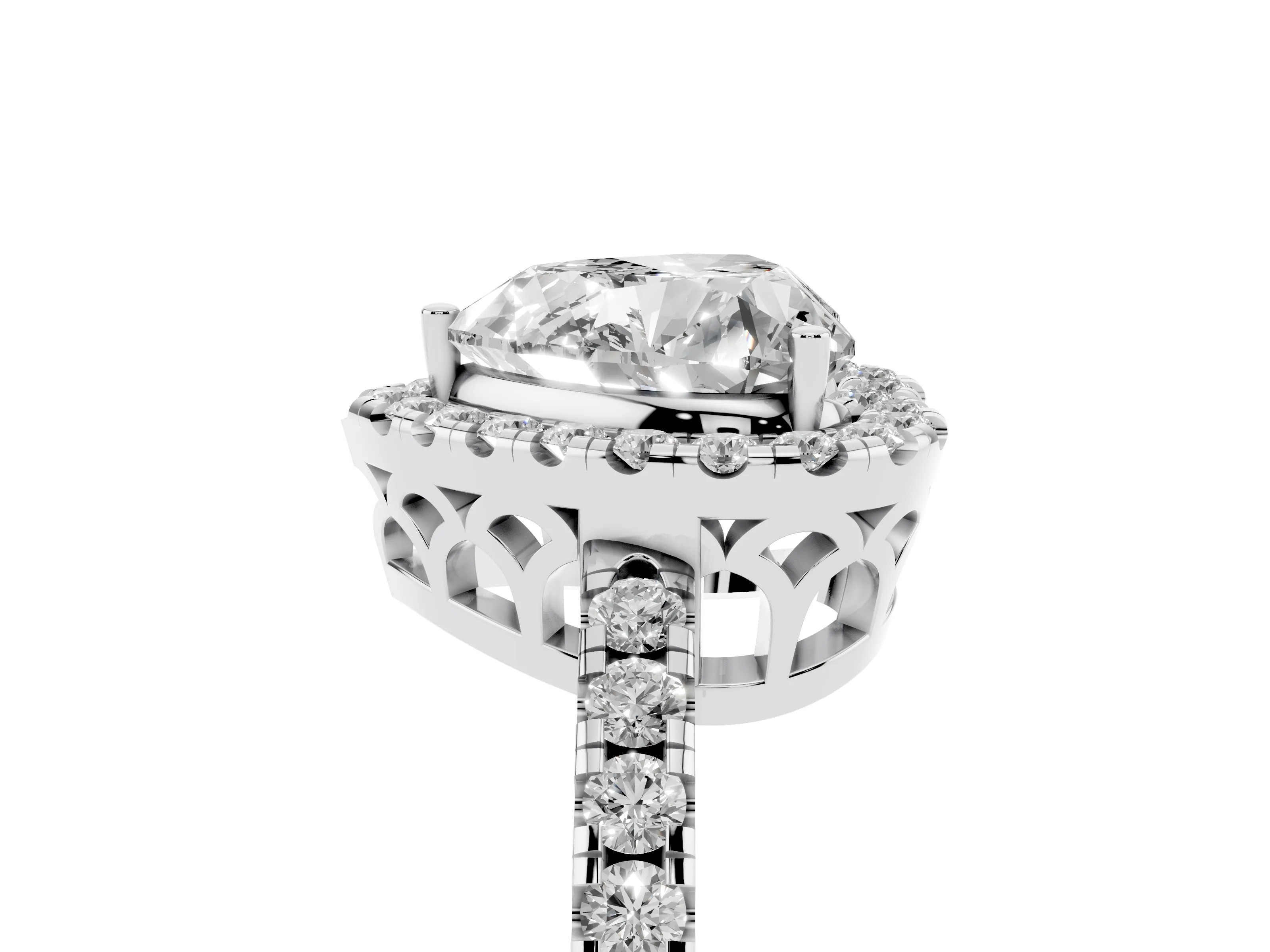Heart Cut Diamond Pavé Band Halo Engagement Ring Set in Silver with Prong Setting