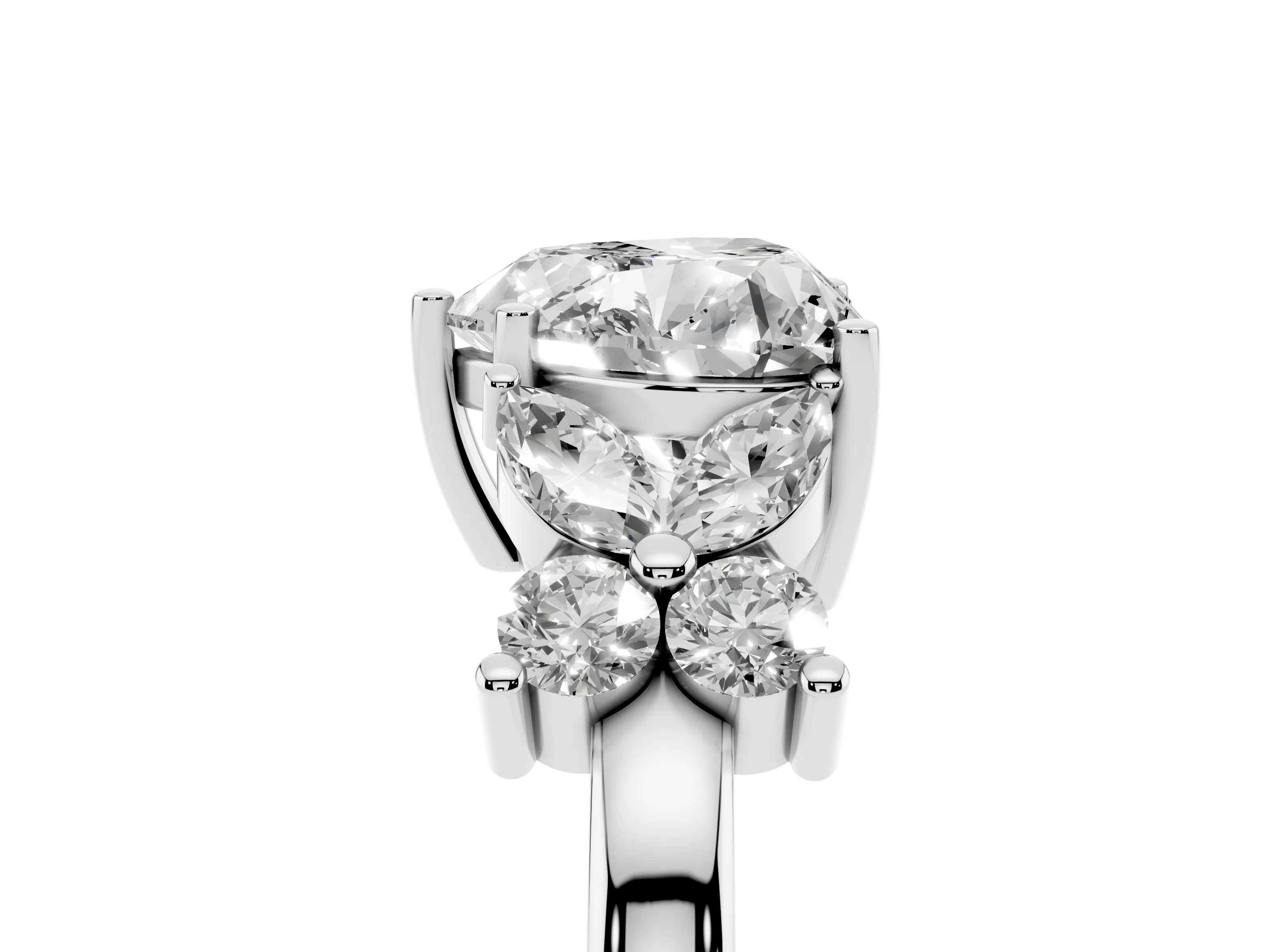 Heart Cut Diamond Floral Cluster Ring Set in Platinum with Marquise Petals and Prong Setting