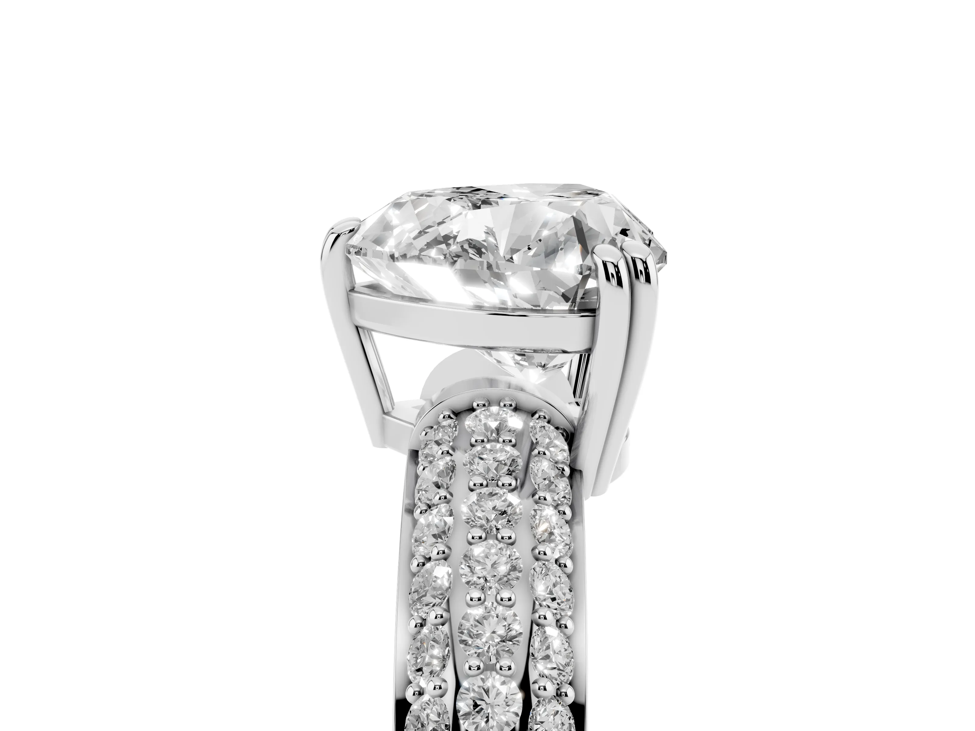Heart Cut Diamond Solitaire Ring Set in Platinum with Multi-Row Round Pavé Band and Prong Setting