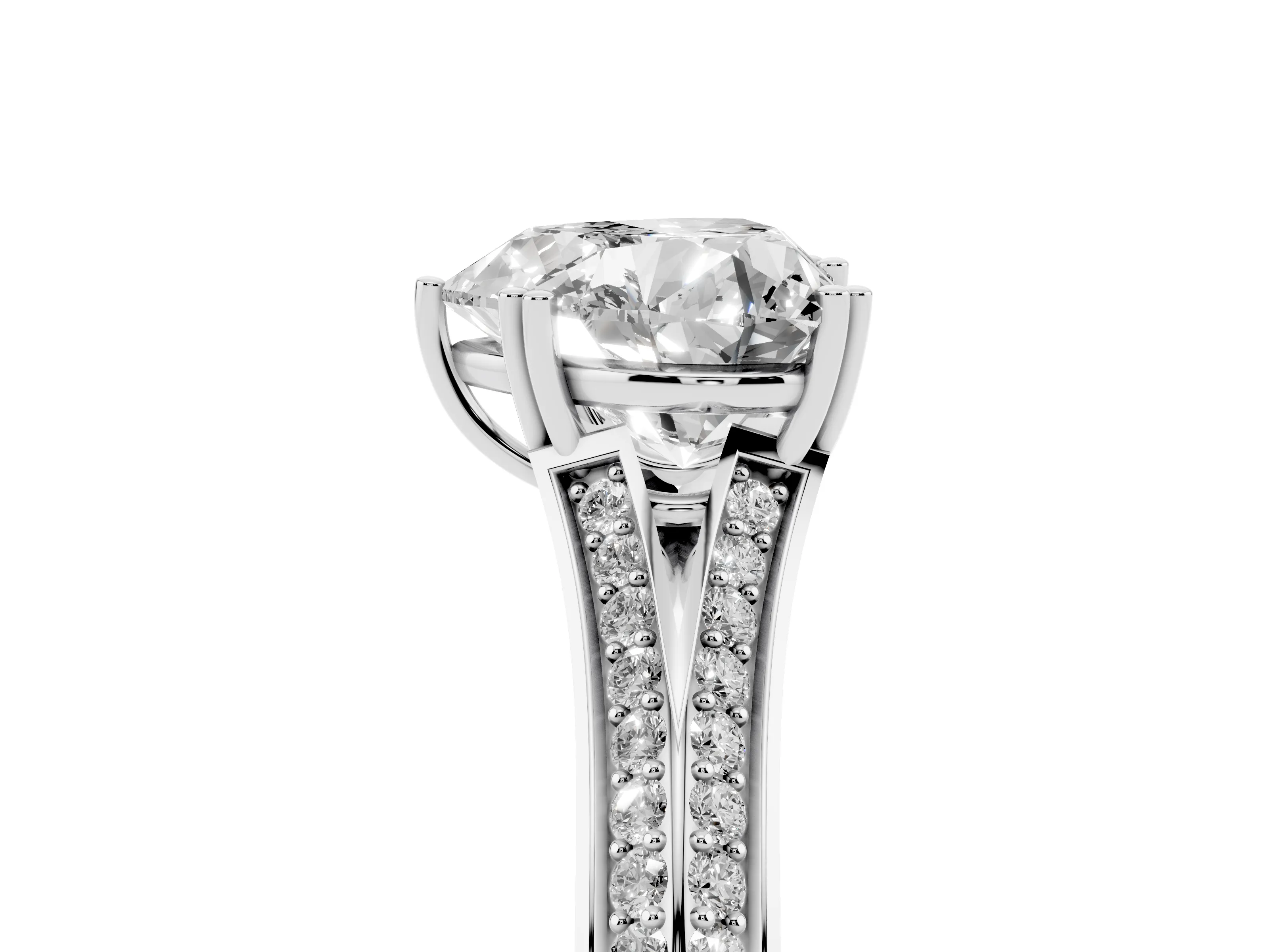 Heart Cut Diamond Split Shank Pavé Engagement Ring Set in White gold with Prong-Set Center Stone