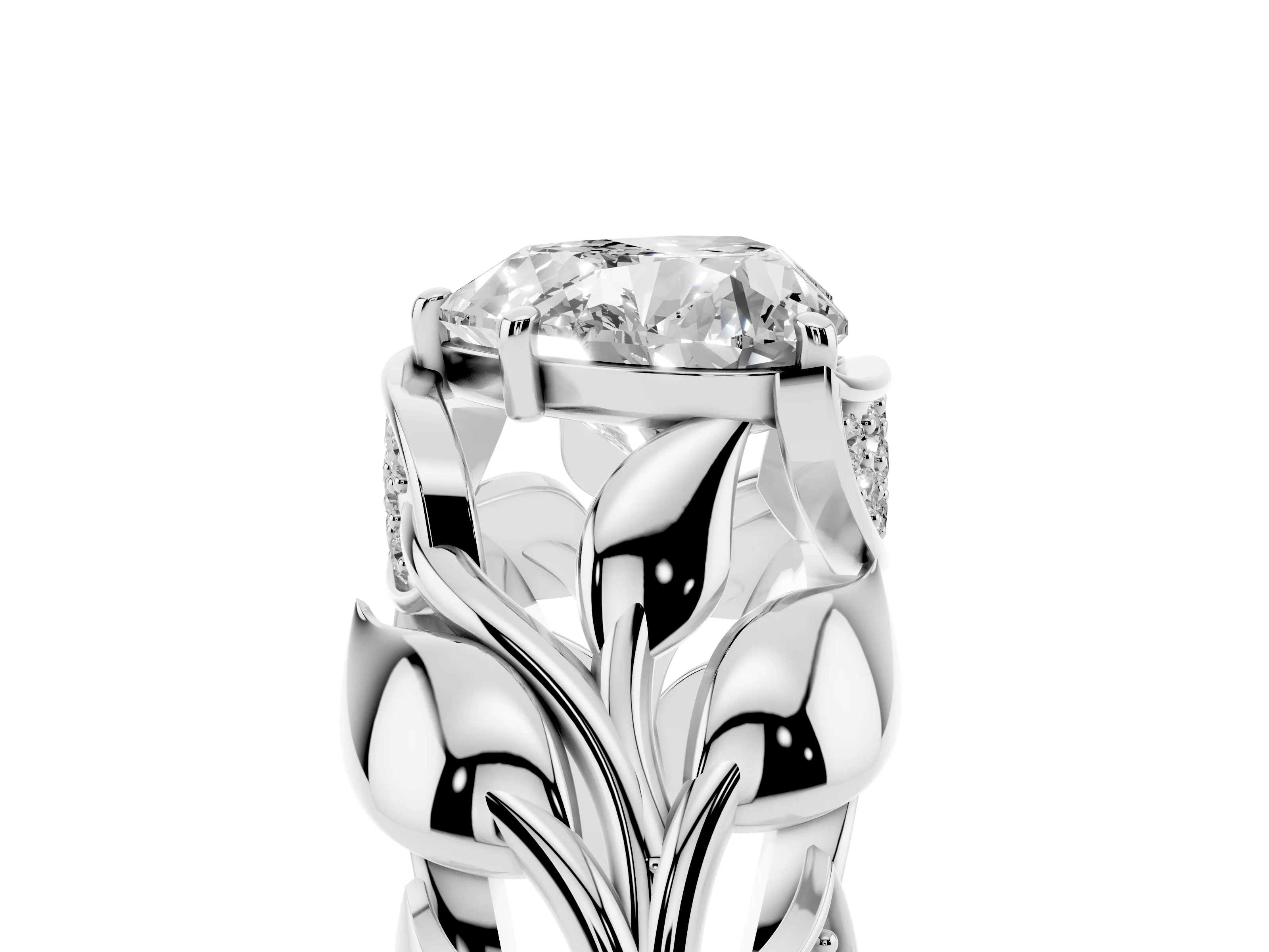 Heart Cut Diamond Leaf-Inspired Engagement Ring Set in Platinum with Round Accents