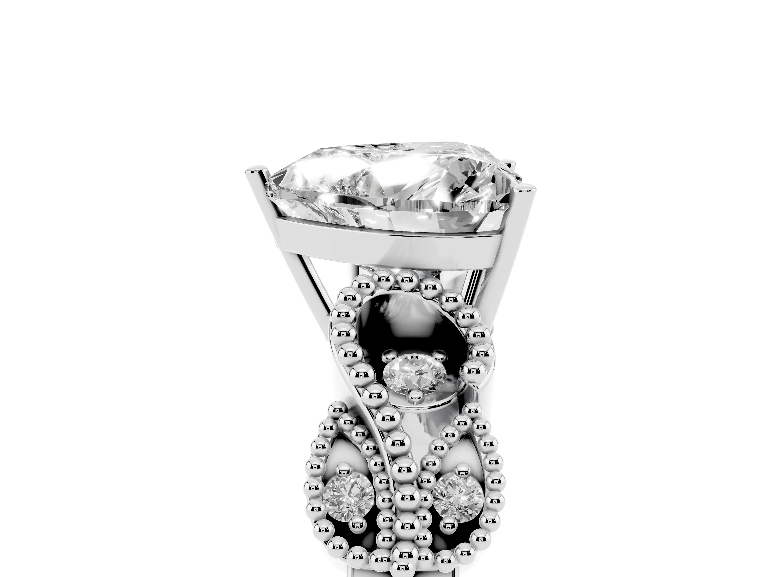 Heart Cut Diamond Milgrain Leaf Band Solitaire Ring Set in Silver with Accent Stones and Prong Setting