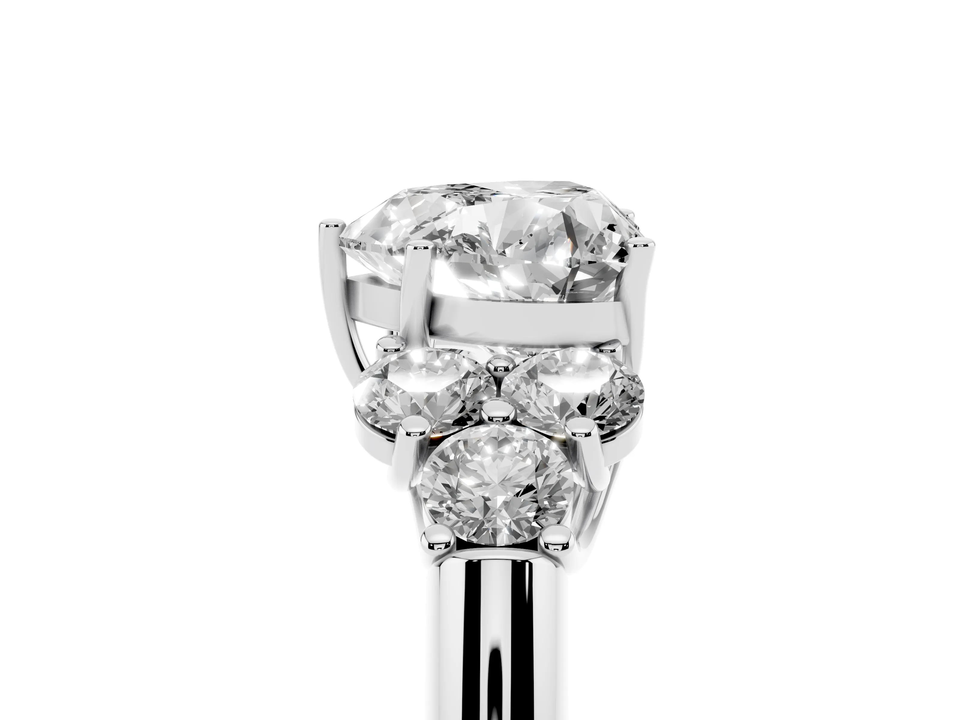 Heart Cut Diamond Cluster Ring Set in Silver with Round Accent Stones and Prong Setting on a Plain Band