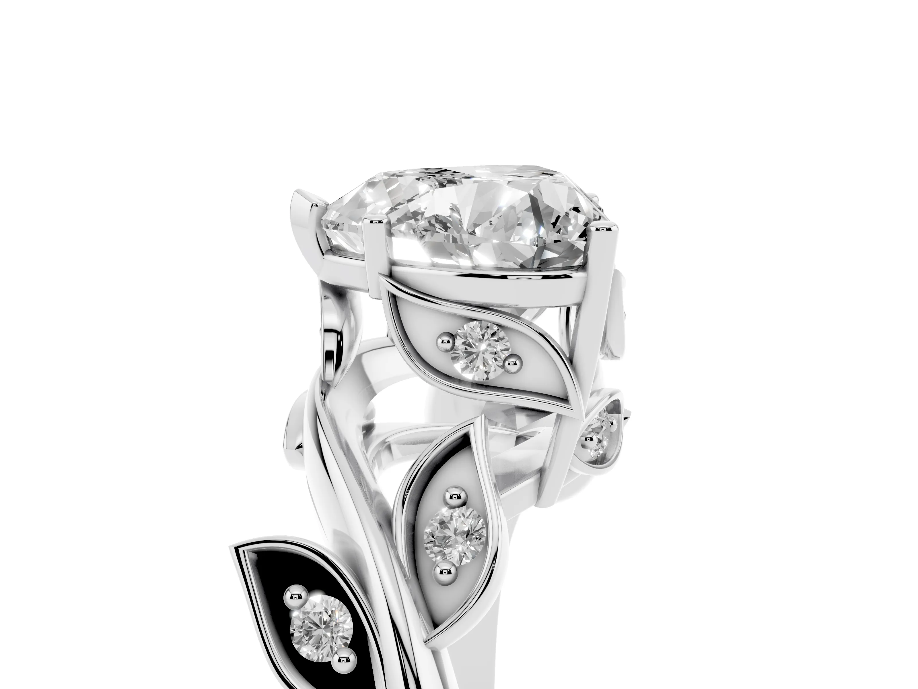 Heart Cut Diamond Solitaire Twist Engagement Ring Set in Silver with Pavé Leaf Accents