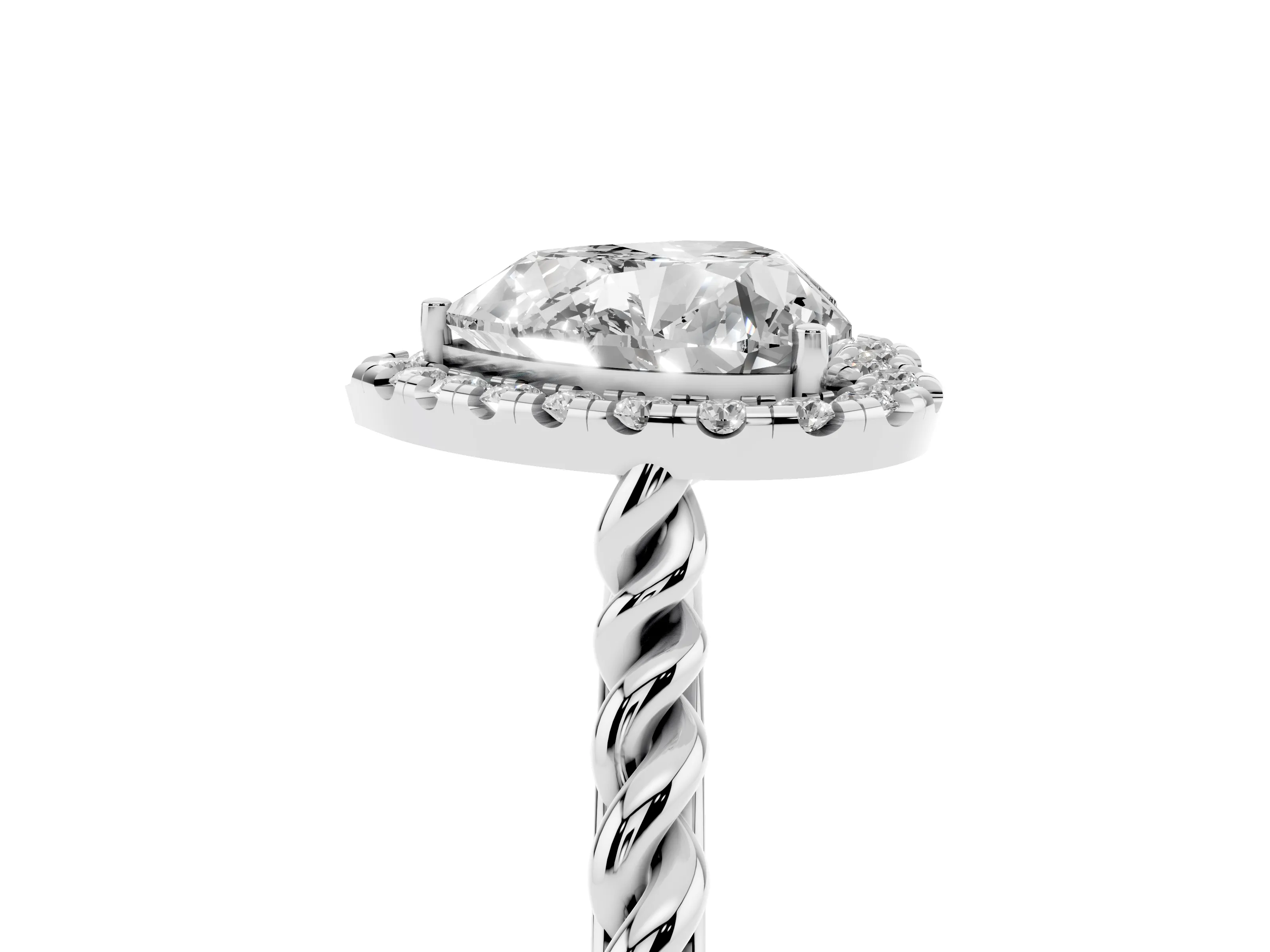 Heart Cut Diamond Halo Ring Set in Silver with Plain Twisted Band