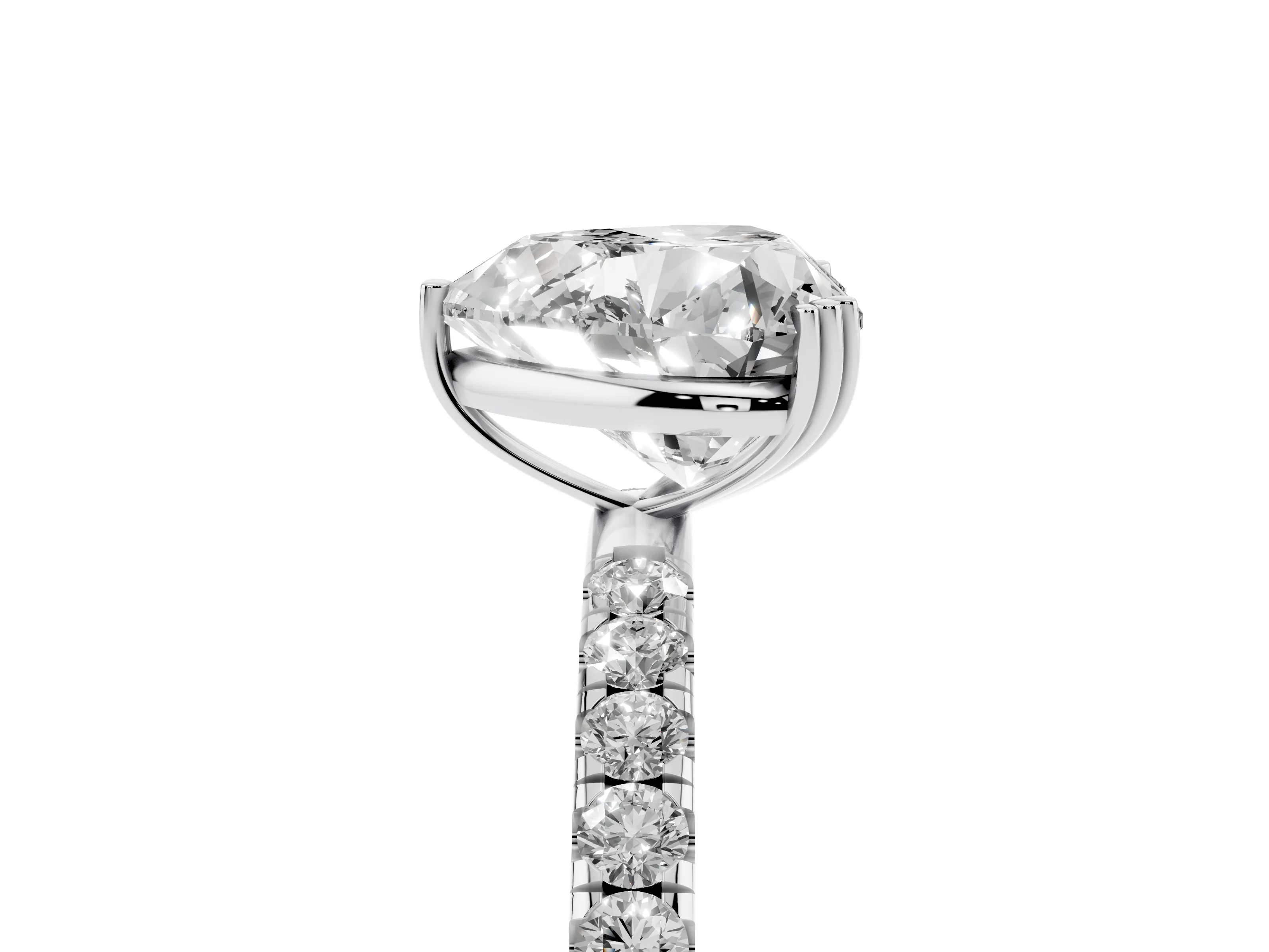 Heart Cut Diamond Brilliant Solitaire Set in White gold with Pavé Band and Claw Prong Setting