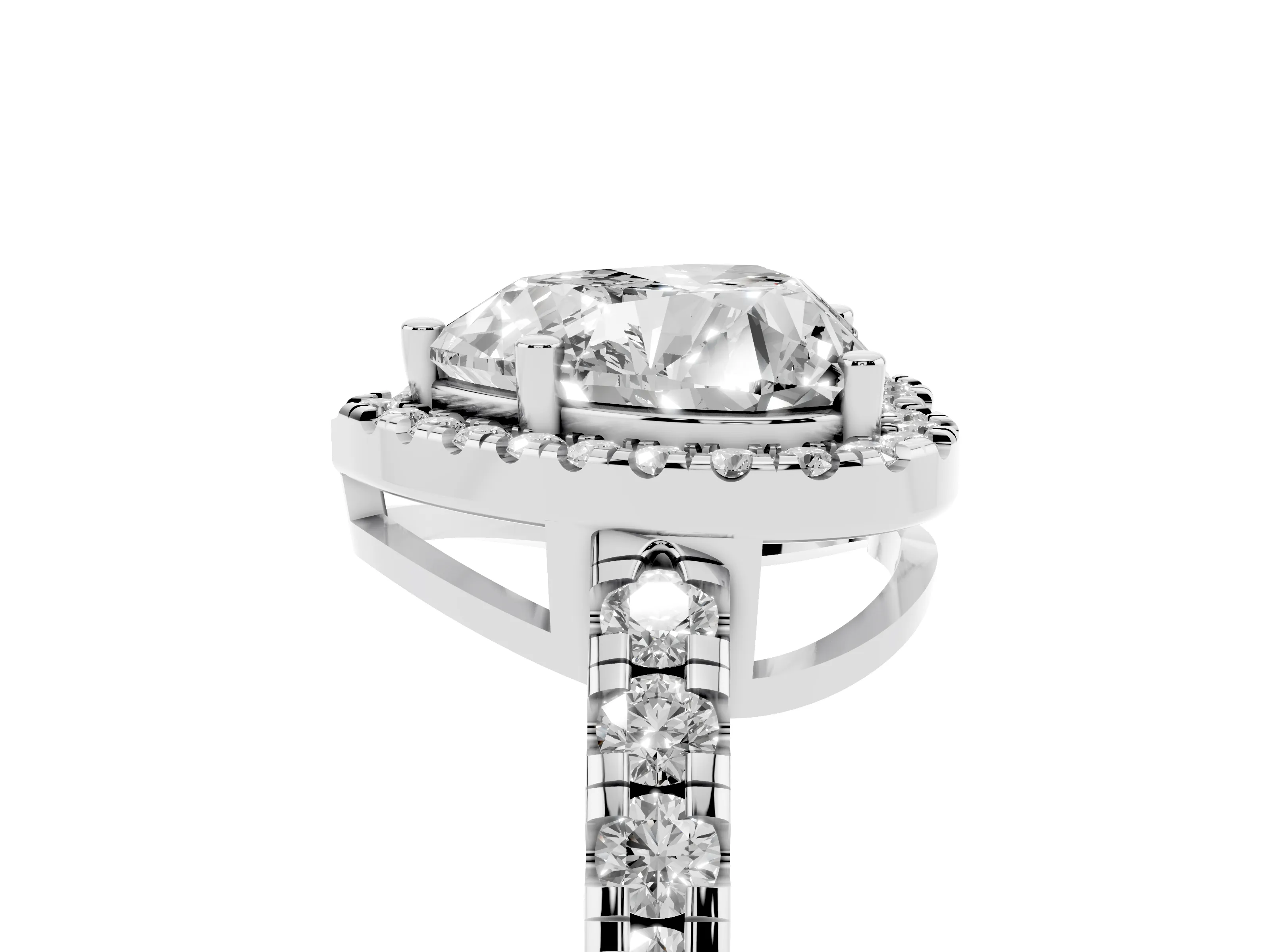 Heart Cut Diamond Halo Ring Set in White gold with Delicate Pavé Band and Prong Setting