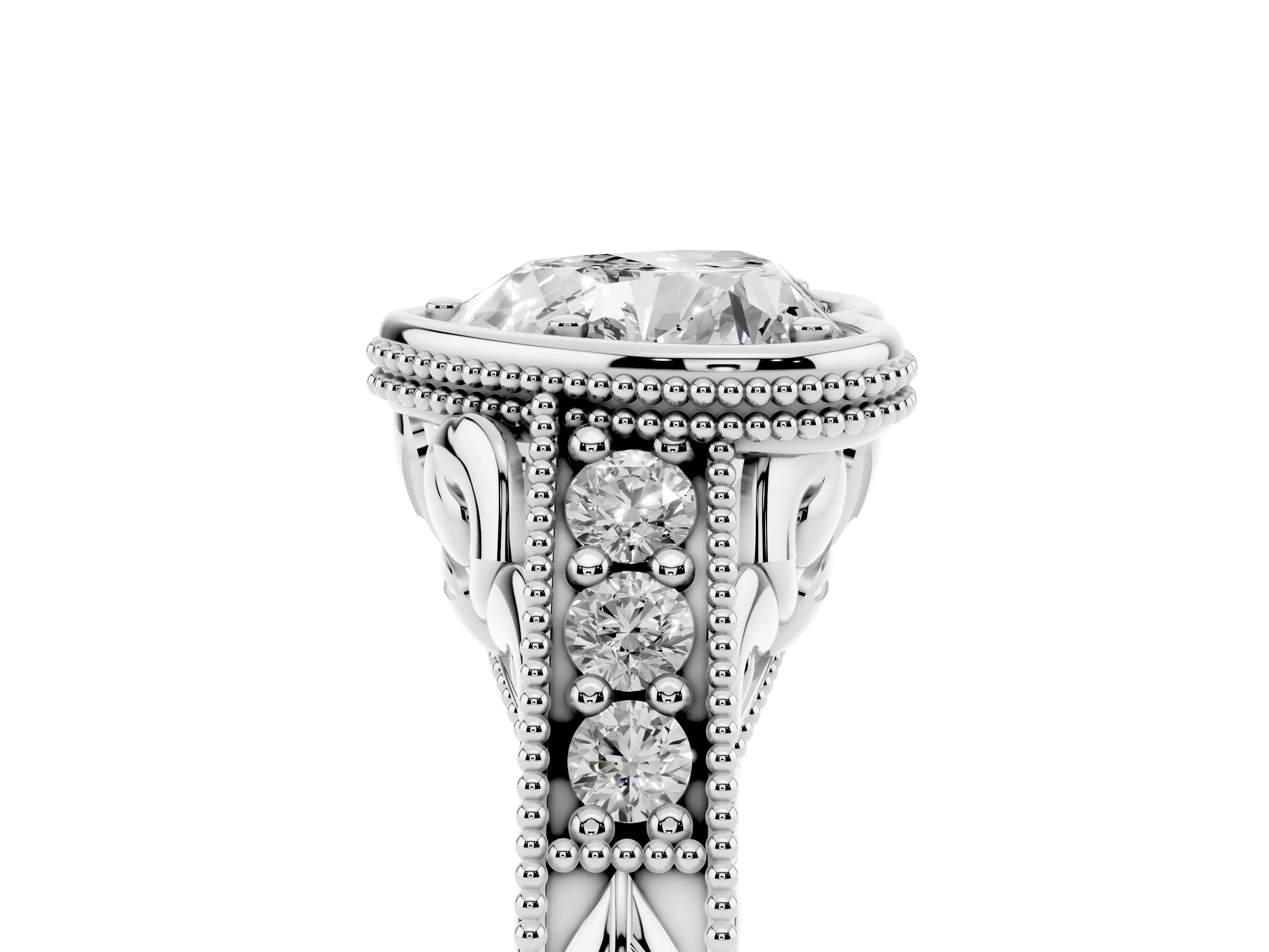 Bezel Set Heart Cut Diamond Milgrain Pavé Engagement Ring Set in Silver