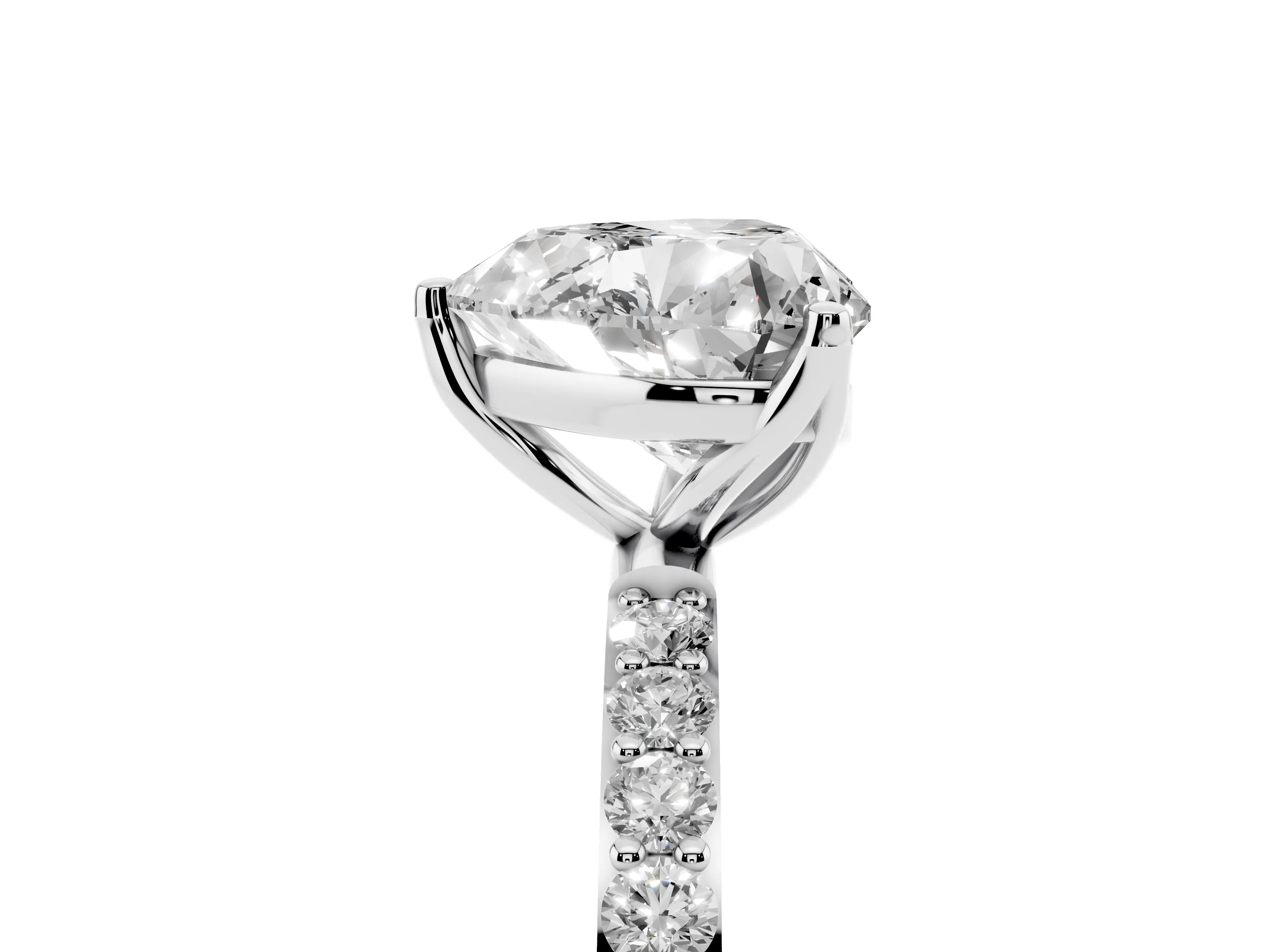 Heart Cut Diamond Solitaire Engagement Ring Set in White gold with Round Pavé Band and Prong Setting