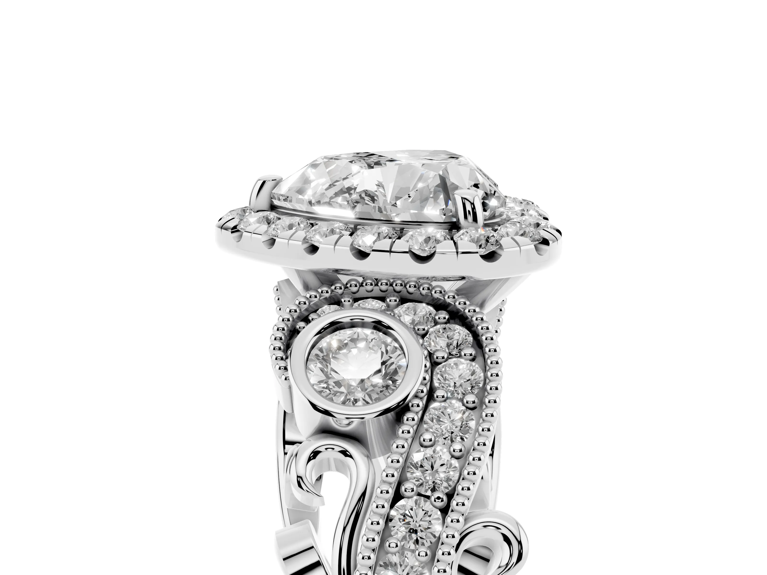 Heart Cut Diamond Halo Ring Set in Silver with Milgrain Pavé Band and Prong Setting