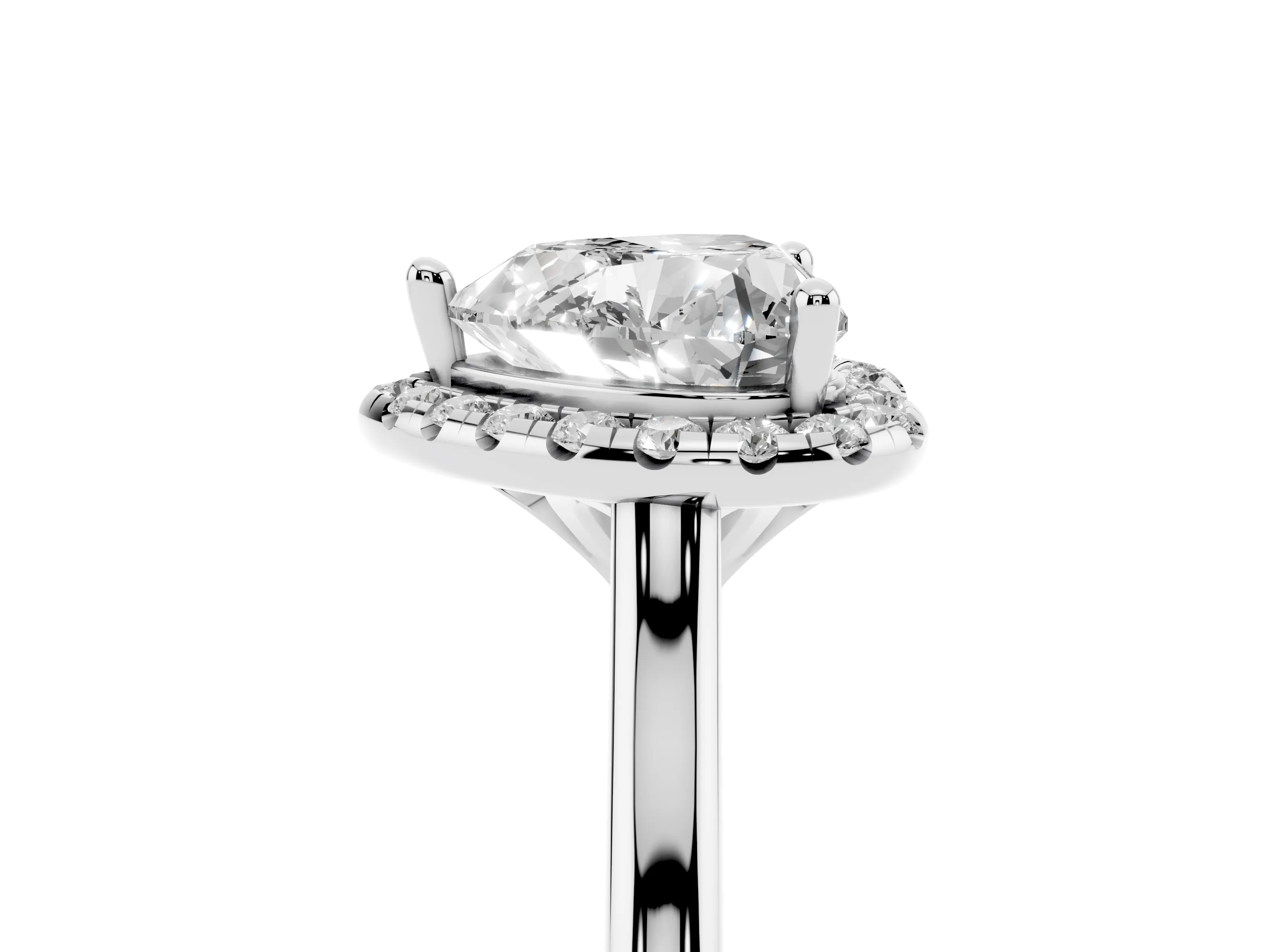 Heart Cut Diamond Halo Engagement Ring Set in Silver with Pavé Band and Rising Shoulders