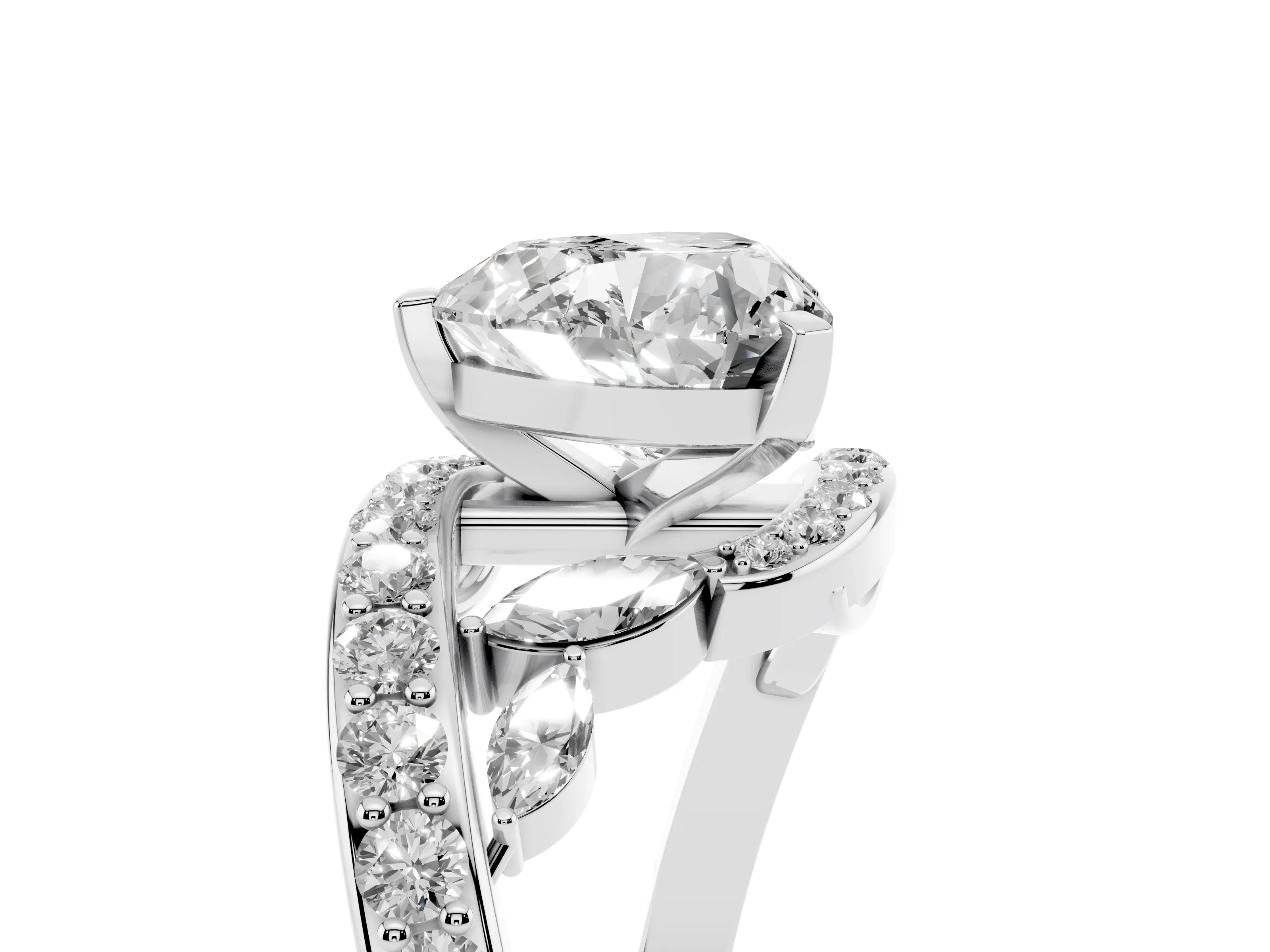 Heart Cut Diamond Solitaire Ring Set in Silver with Pavé Twist Band and Secure Prong Setting