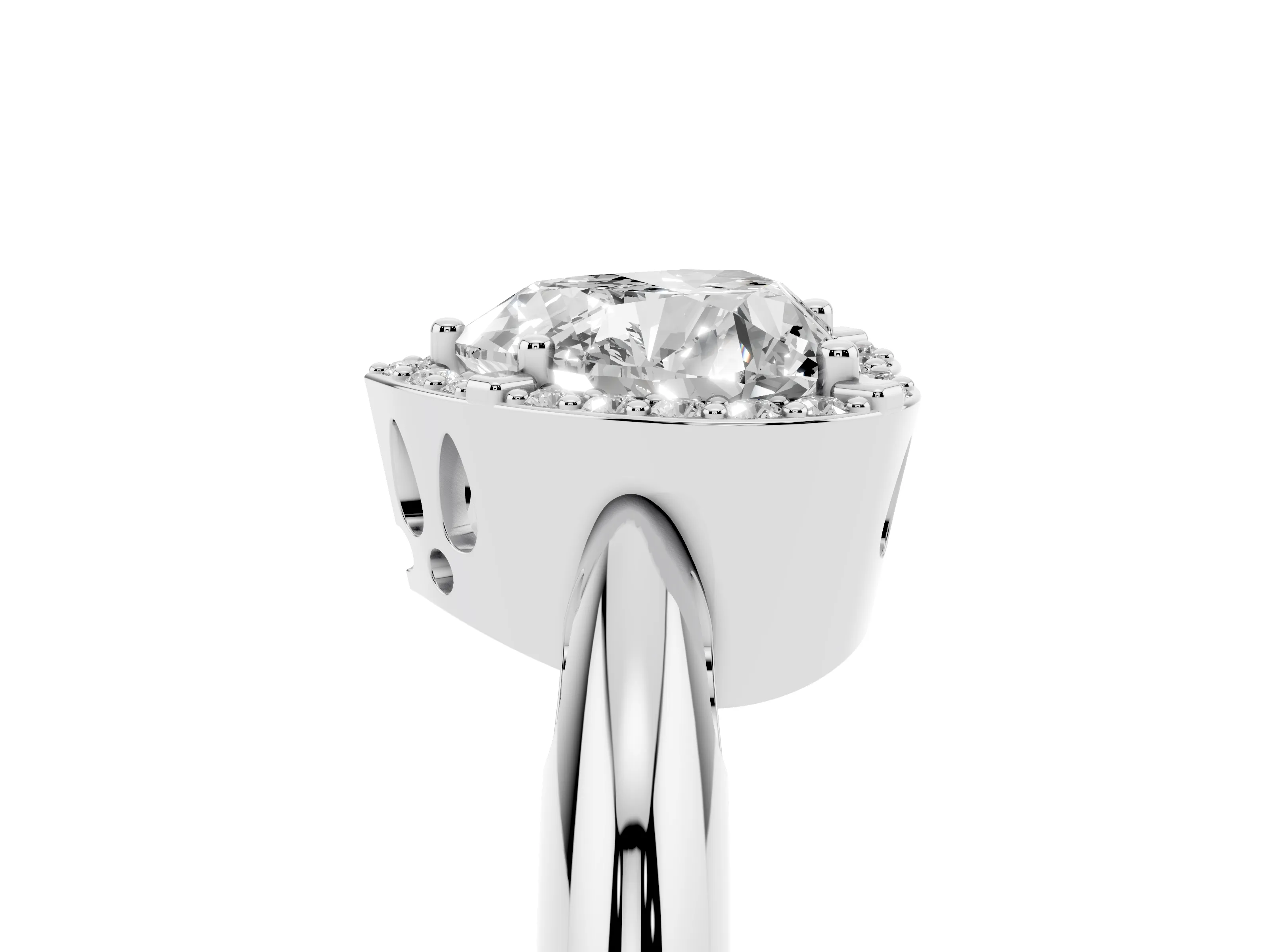 Heart Cut Diamond Halo Engagement Ring Set in Platinum with Plain Split Shank and Prong Setting