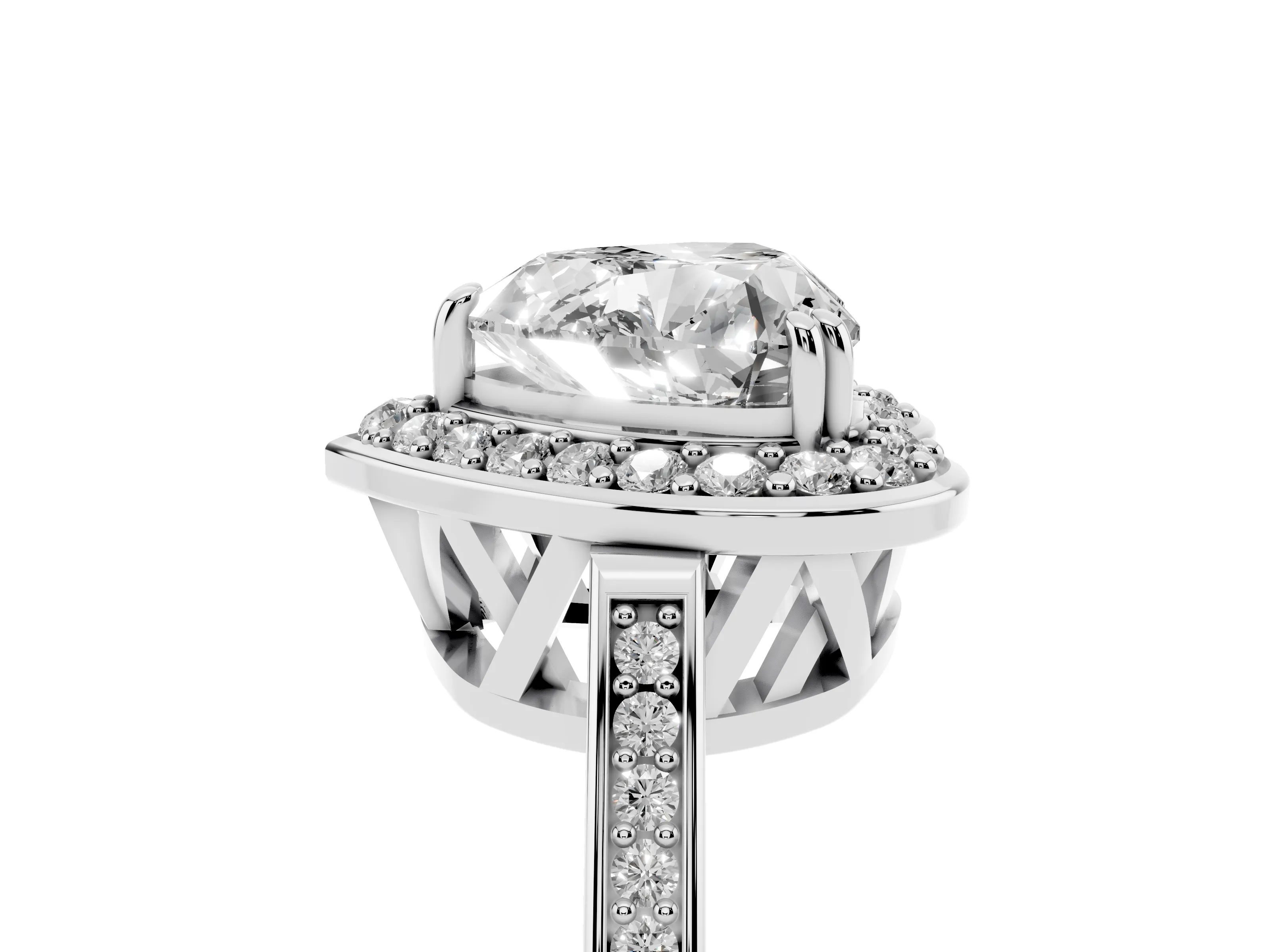 Heart Cut Diamond Halo Ring Set in White gold with Accent-Lined Split Shank and Prong Setting