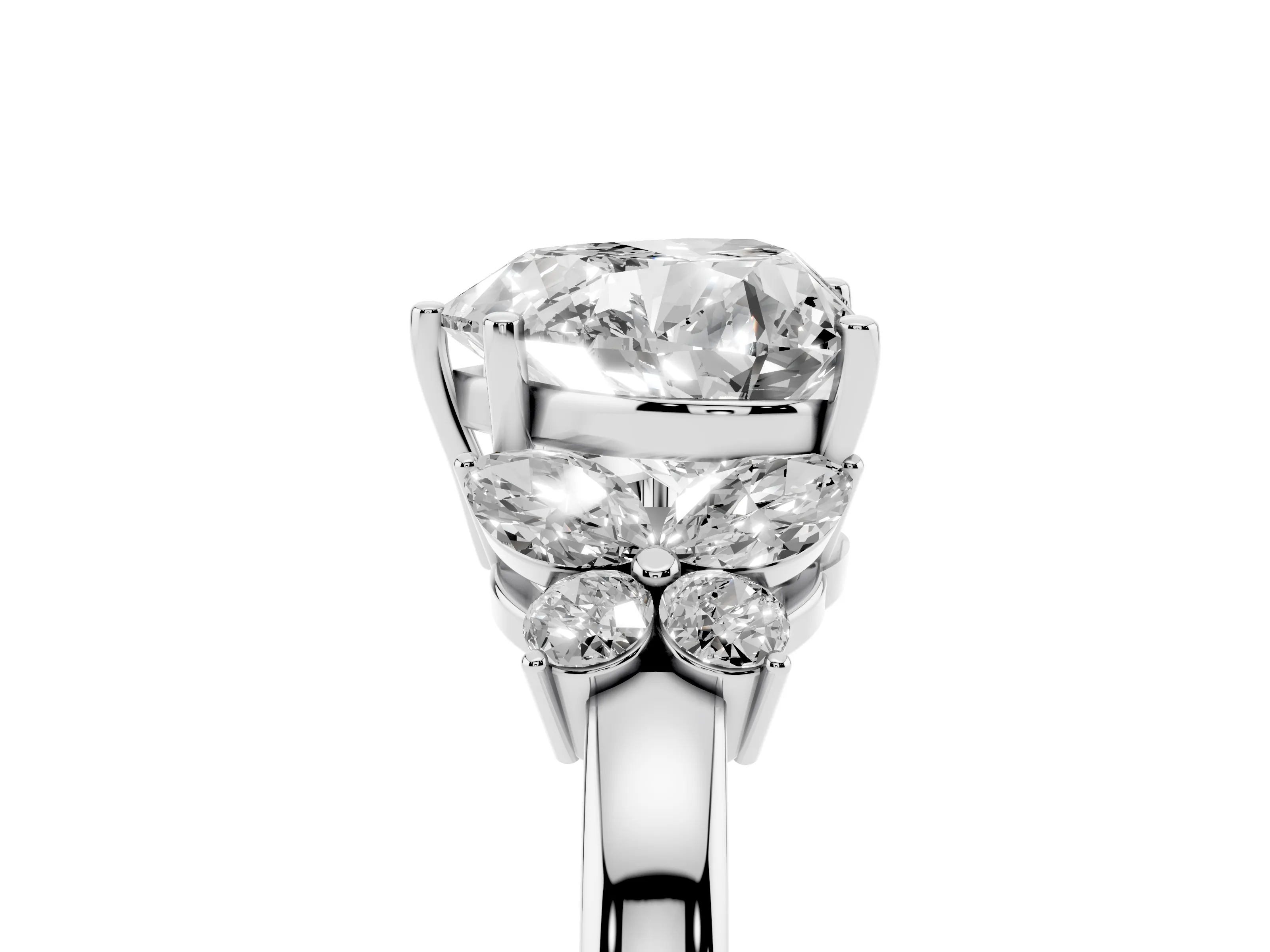 Heart Cut Diamond Solitaire Floral Ring Set in White gold with Marquise Petals and Prong Setting